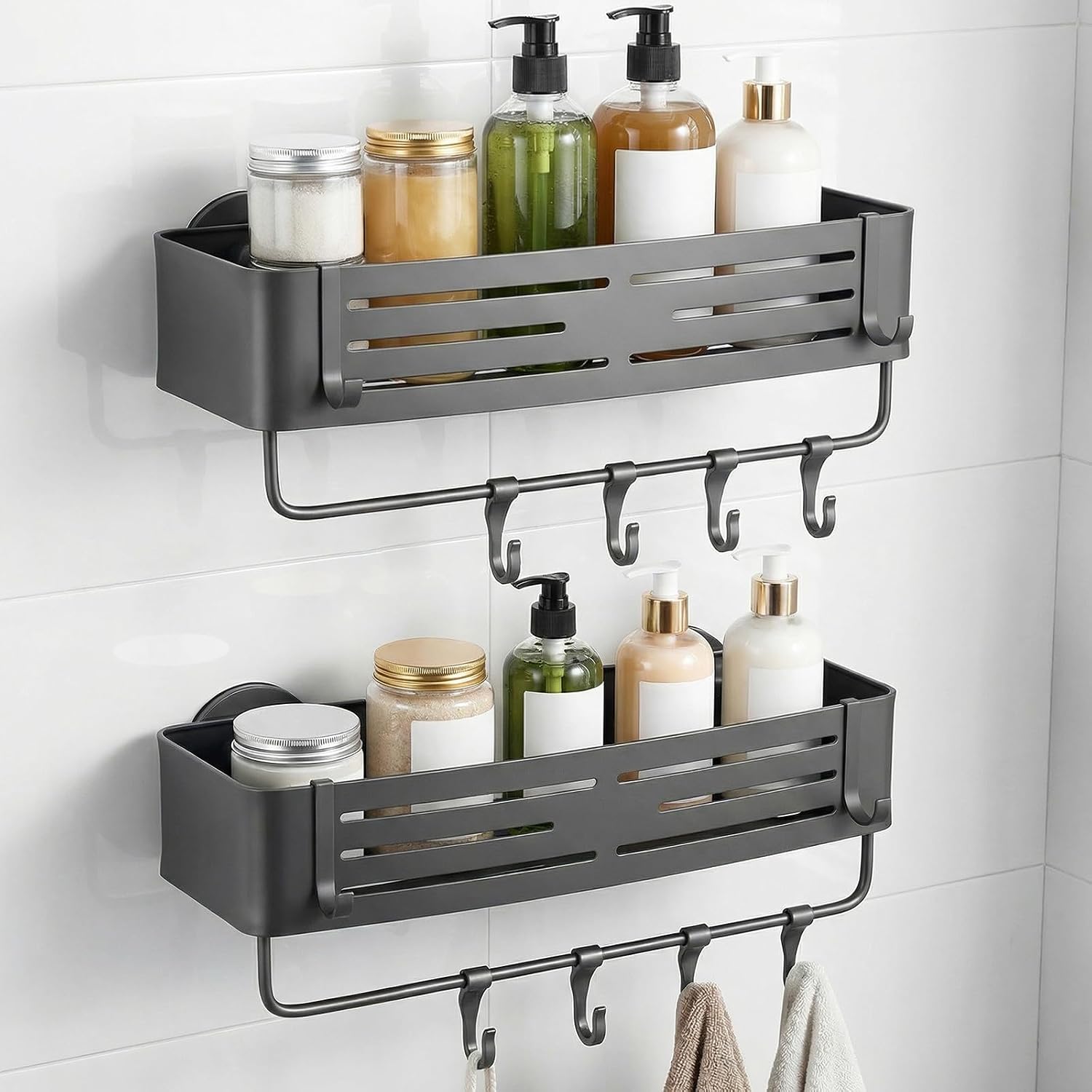 Kenaoeooe Suction Cup Shower Caddy 2 Pack Shower Shelves with Towel Bar and Hooks No Drill Removable Bathroom Organizer Large Capacity Rustproof Waterproof Storage, Gray