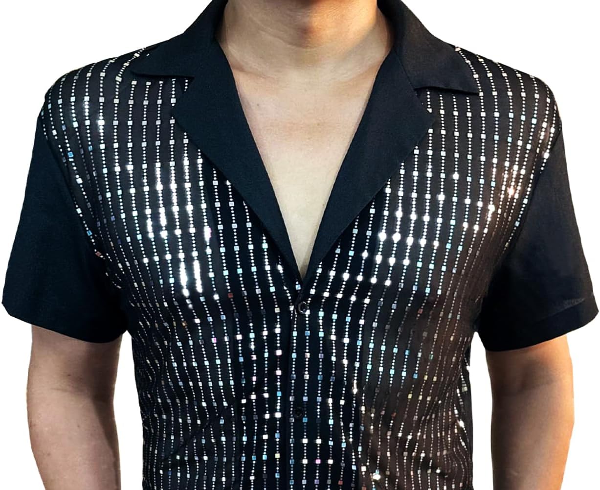 Mens Mesh Sequins See Through 70s Disco Long Sleeve Button Down Shirts - Image 2