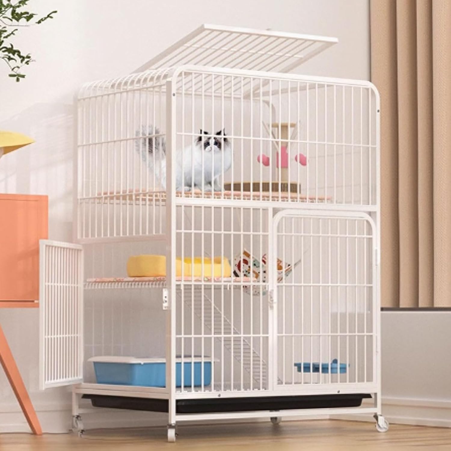 Cat Cages Indoor, Catio Indoor Cat Enclosure, Cat Playpen with Top Cover, Cat Enclosure with Universal Wheels for Cats, Ferret, Chinchilla, Rabbit, Small Animals(White,71 * 54 * 95cm)