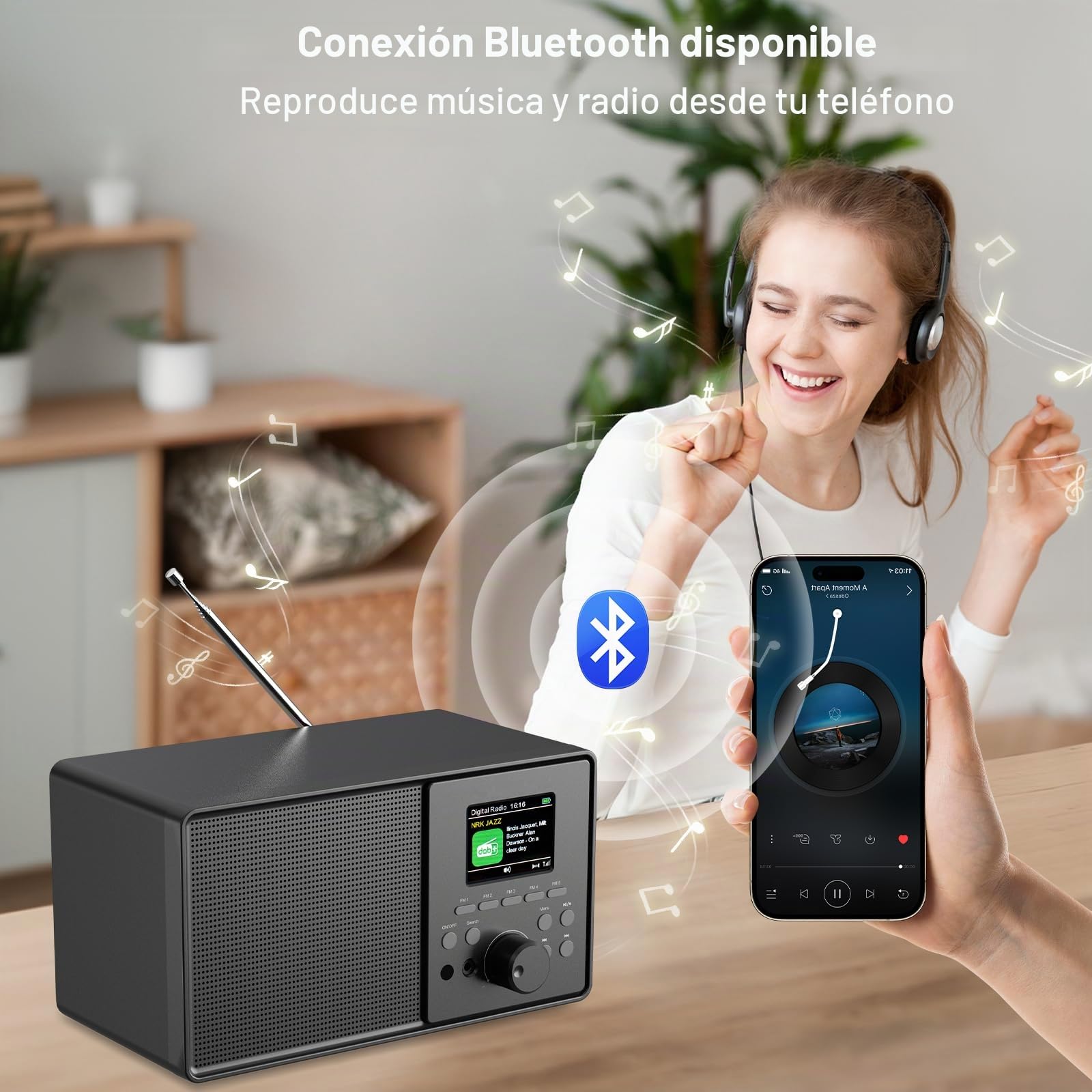 Radio Digital Dab+/FM, Retro Radio Dab Plus con Bluetooth 5.0, USB/AUX, Cocina de Radio con Mando a Distancia, Despertador Dual, Temporizador de Alarma,30 Emisoras Presintonizadas