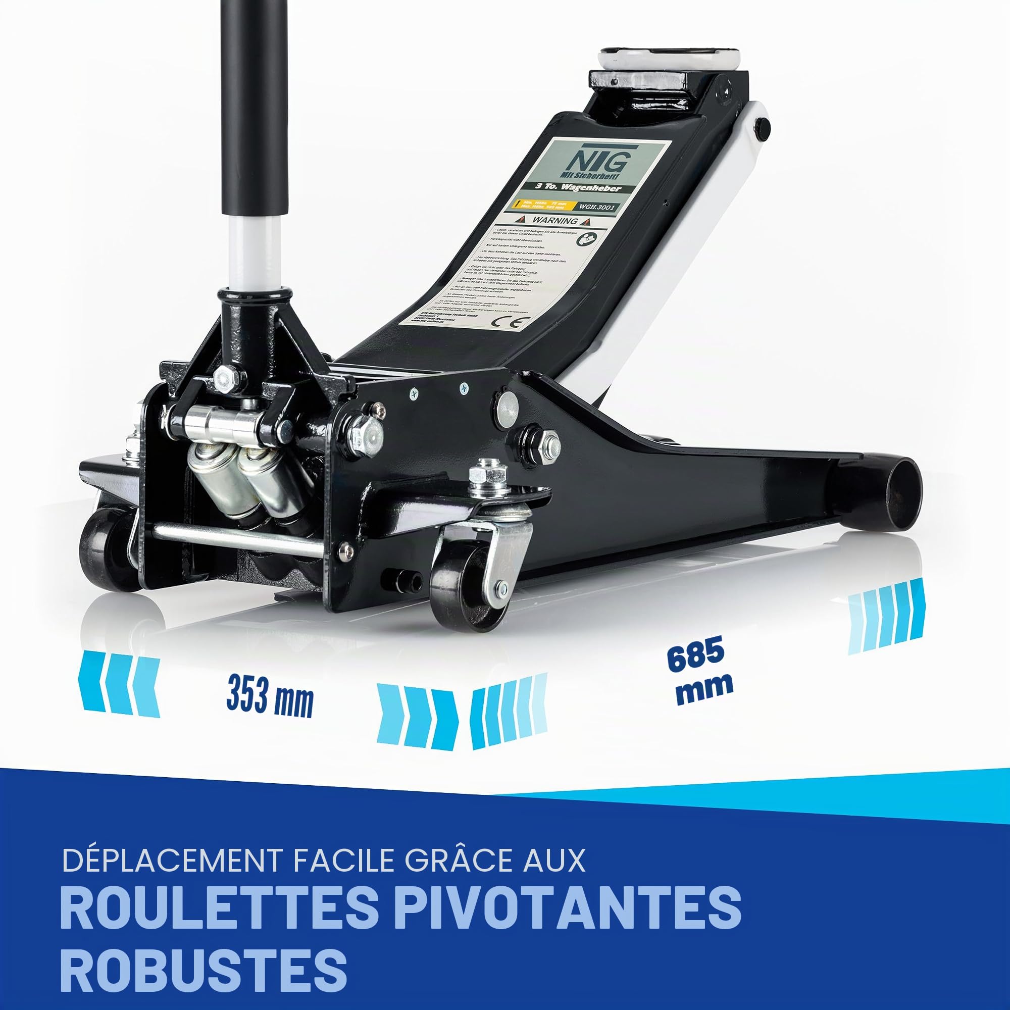 Cric Roulant hydraulique NTG Certifié 3 tonnes (Hauteur de Levage 75-505 mm) Professionnel avec Double Cylindre Cric Plat pour SUV et Voitures Basses Noir [Extra Stable 35,2 kg]
