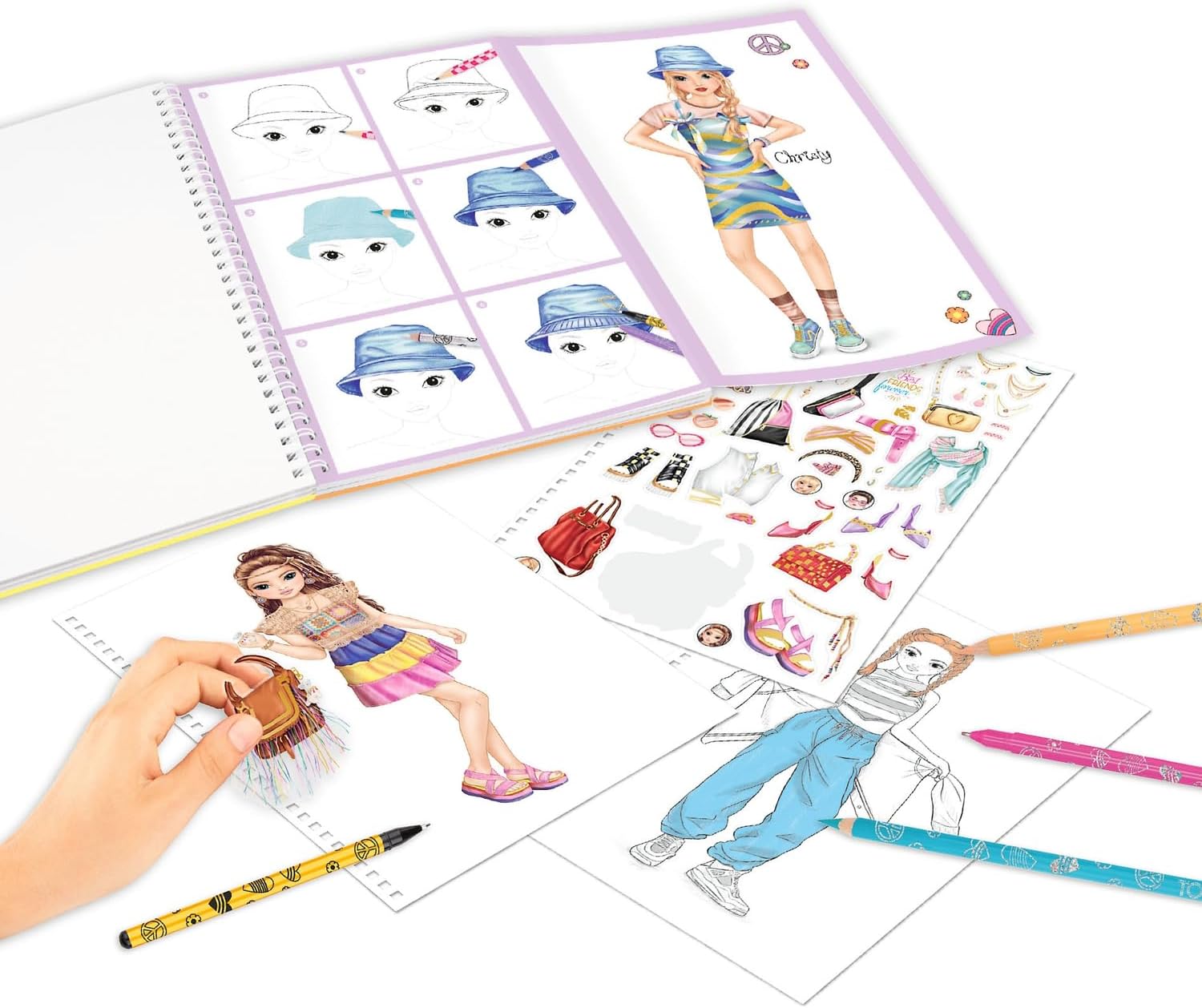Depesche 12943 TOPModel Set of Books 76 Pages for Drawing Patterns, Including Colouring Template, Sticker Sheet, Pens and Much More, Multicoloured