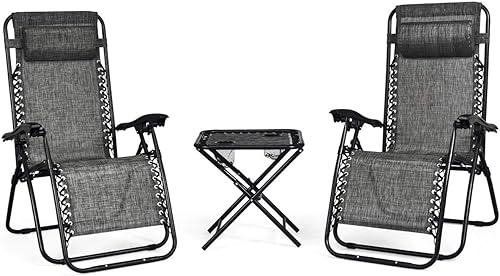 Giantex Juego de 3 sillas de gravedad cero para patio, tumbonas, para exteriores, piscina, reclinables, plegables, juego de sillas (gris)