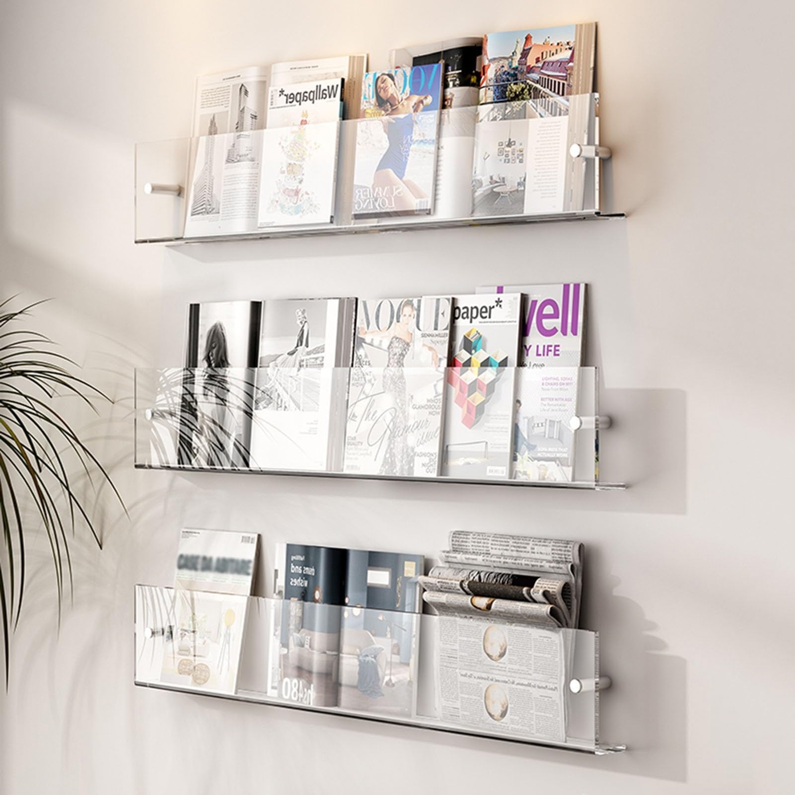 Présentoir à Magazines en Acrylique, Porte-disques de 15,7 à 39,3 Pouces, étagère Suspendue élégante pour la Maison, Le Bureau, Le Salon et la Salle d'attente – Disponible en Lots de 1, 2 ou