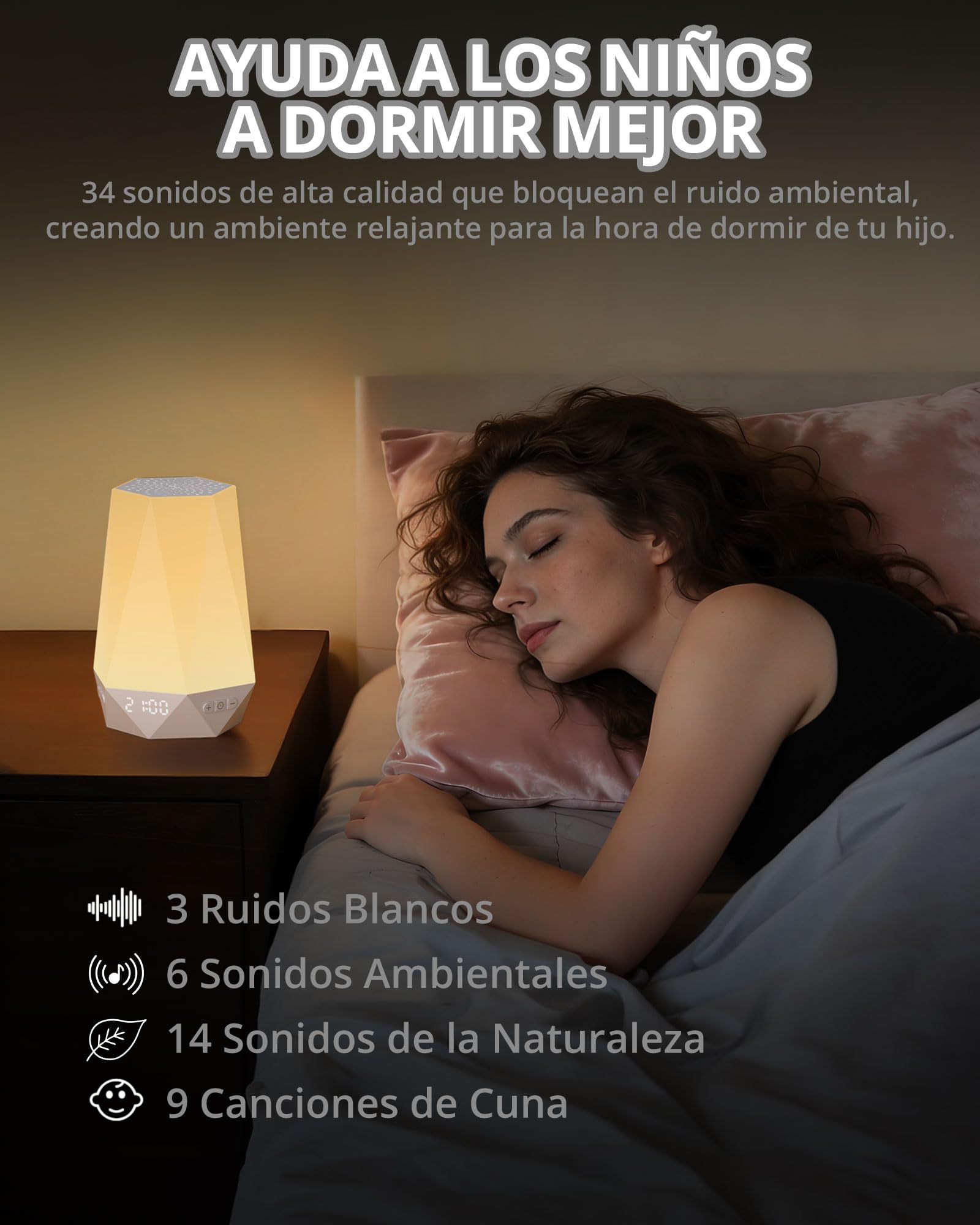 HOMGEN Máquina de Ruido Blanco con 32 Sonidos Calmantes Reloj Despertador Infantil con Entrenador de Sueño Alarma Personalizable Alarma con Luz Regulable Batería Recargable para Niños y Adultos