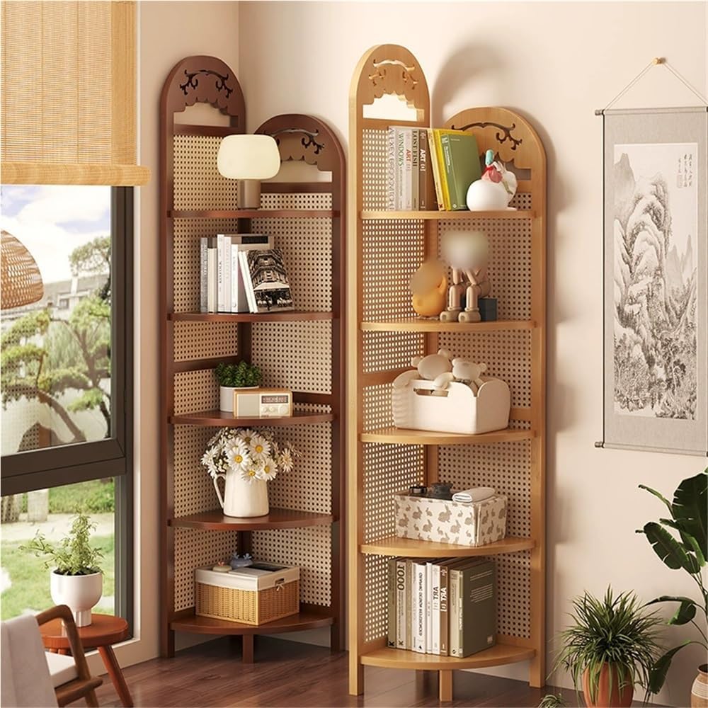 5-Tier Corner Bookshelf, Boho Corner Shelf Stand, Free Standing Rattan Storage Shelves, Tall Standing Shelf Organizer, Bookshelf, Plant Stand for Living Room Bedroom Study Kitchen(Brown)