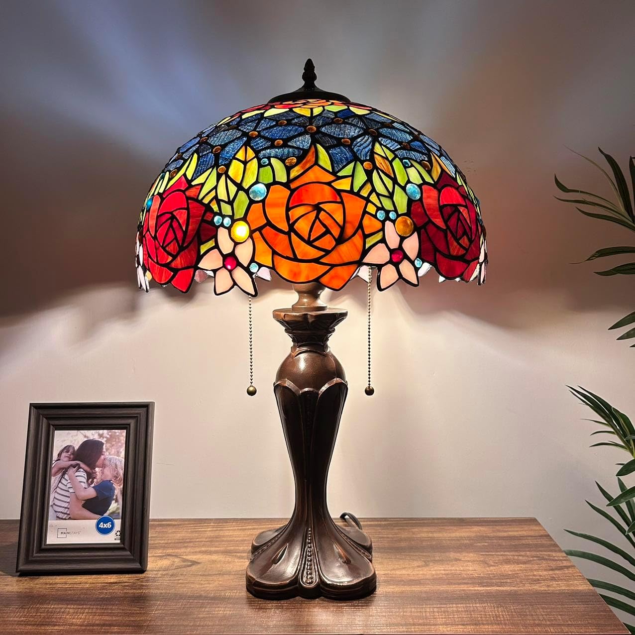 Tiffany Table Lamp Red Orange Blue Stained Glass Rose Flowers LED Bulbs Included for Living Room Bedroom Bedside 16" W*16" D*24" H