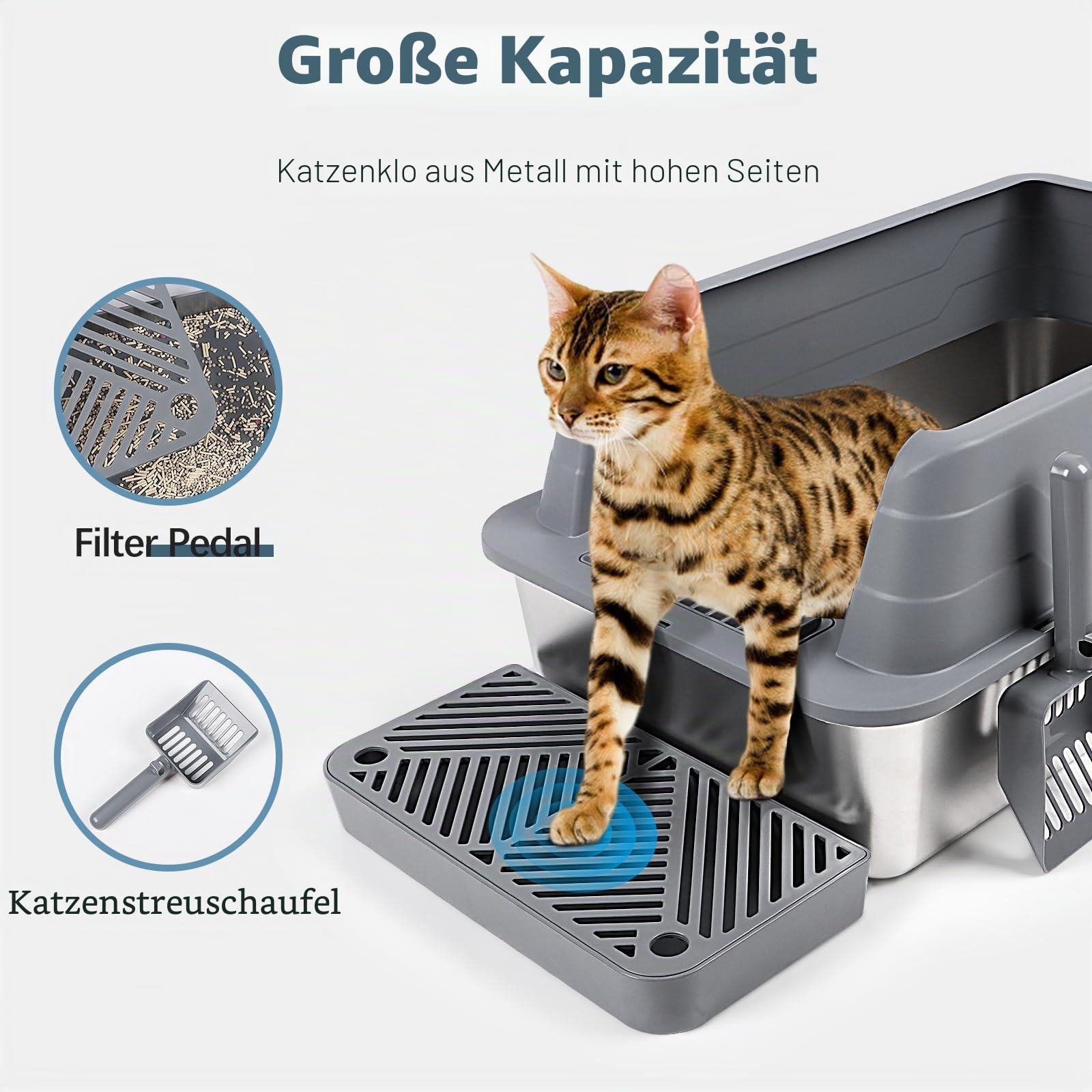 3 Pack Edelstahl Katzenklo, XL 22.9'' x 15'' x 10.3'' High Sided Metall Katzentoilette mit Schaufel, Filter Pedal für Anti-Splash, Nicht klebrig, leicht zu reinigen (Dunkelgrau)