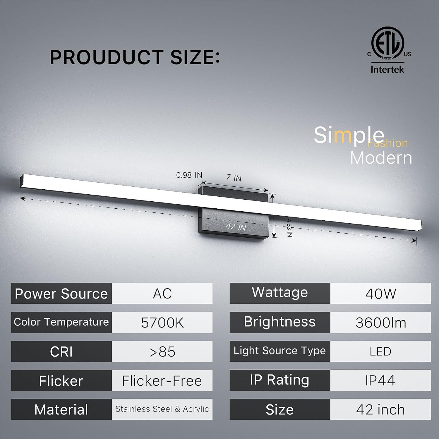 42inch led bathroom vanity light bar 5700k dimmable led bathroom light over mirror modern bath wall light cool white etl certified 40w