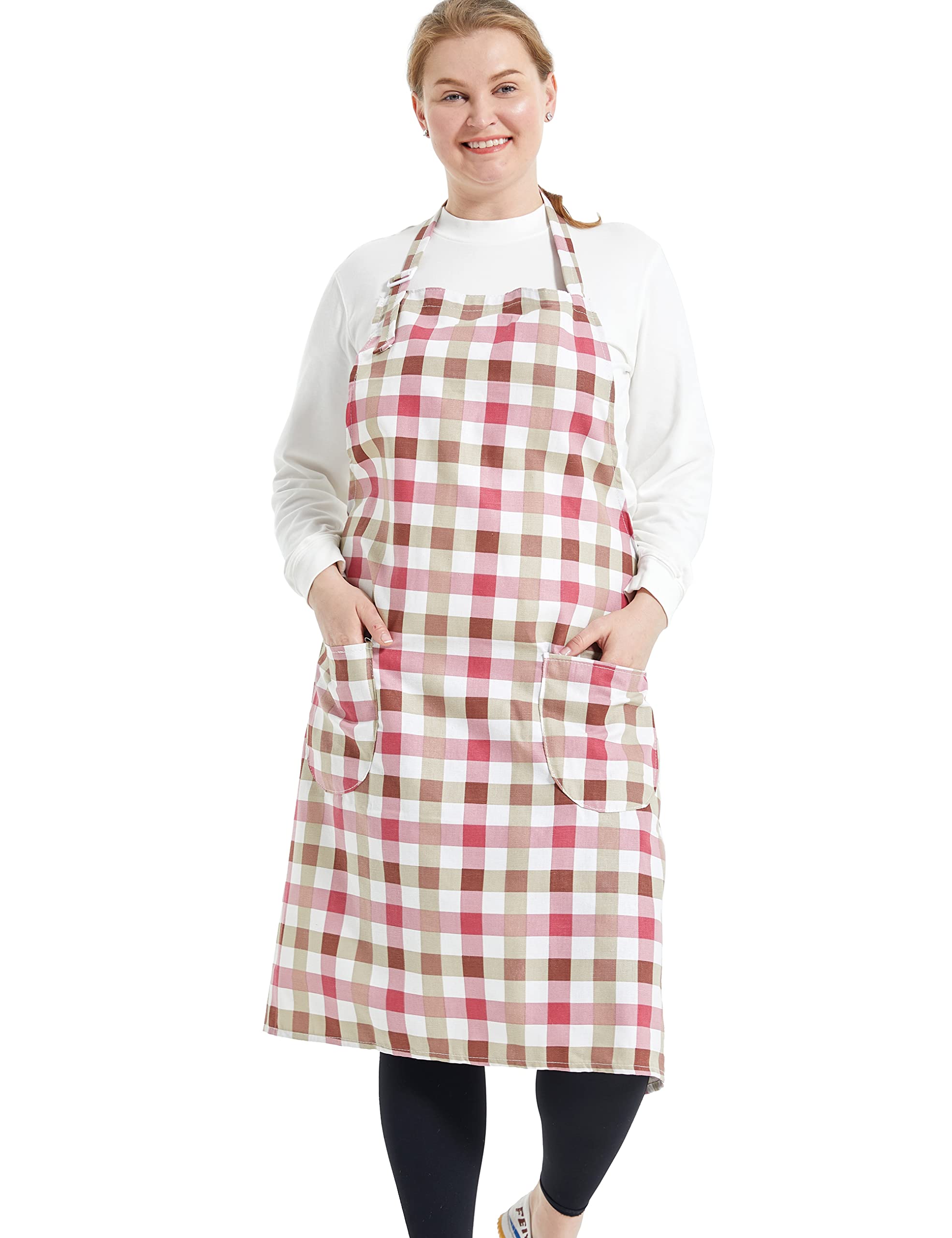 APRONNER Cotton Linen Baking Plus Size Aprons for Women with Pockets Kitchen Cooking, Red Grid, 2X/3X