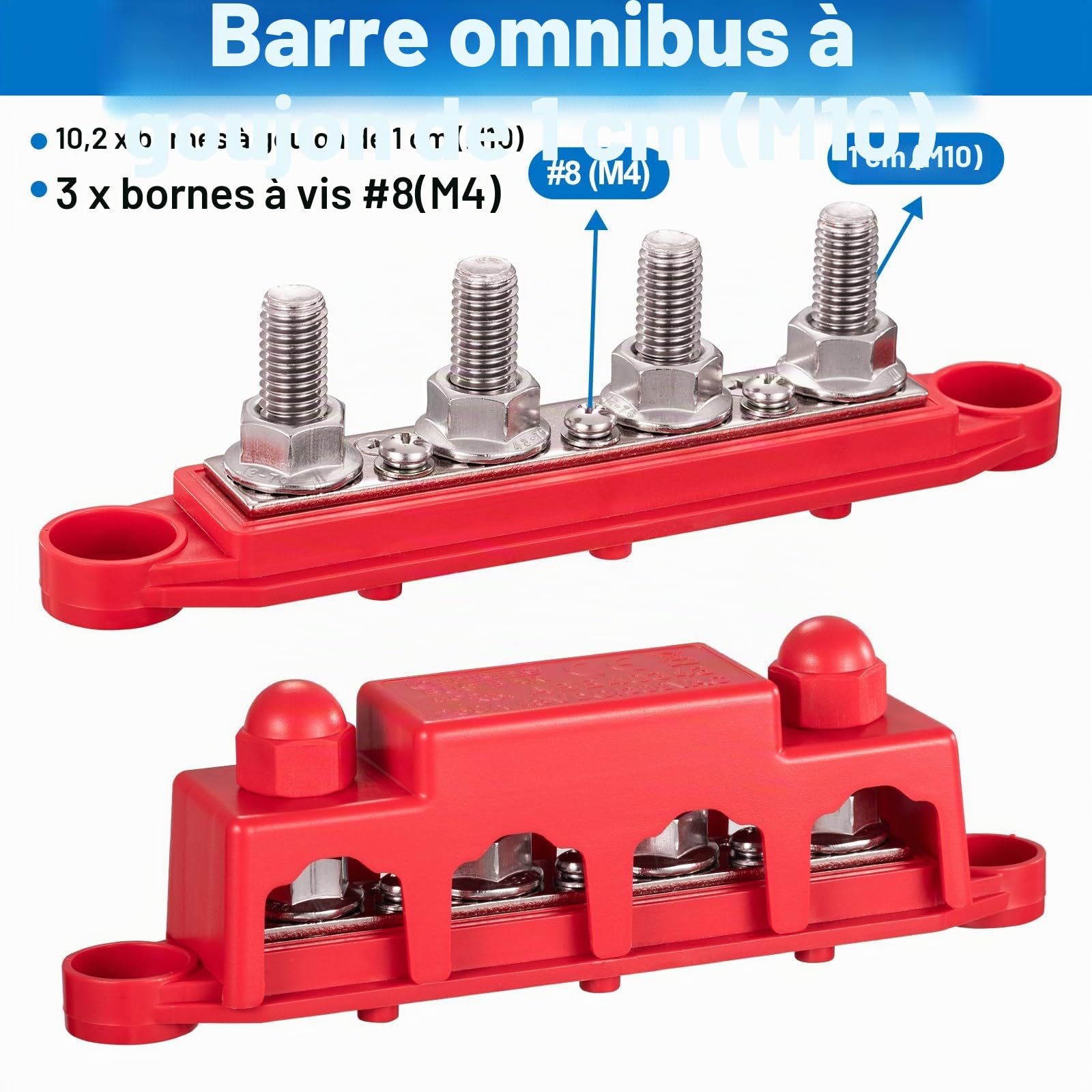 Spurtar Bloc de Distribution 12V 24V 48V DC 250A BusBar avec 4 x M10 Boulons et 3 x M4 Vis, 16,5 × 3,4 × 4,8 cm – Ne Convient Pas aux Espaces Étroits