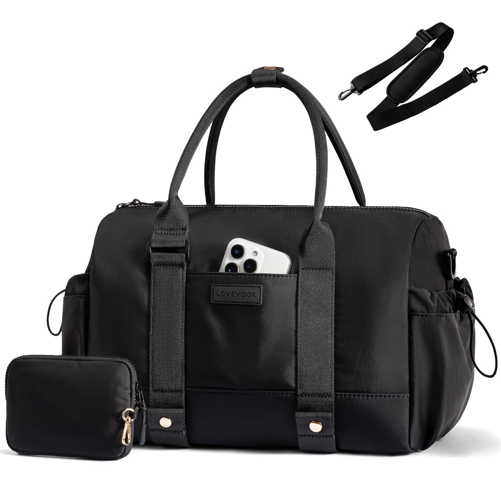 LOVEVOOK Sporttasche Damen, Kleine Reisetasche, Kliniktasche Geburt Schwarz | Ultraleichte Weekender Bag, Waschmaschinenfeste Yogatasche, 18L Handgepäck Tasche mit Nassfach für Gym Fitnessstudio, Reise