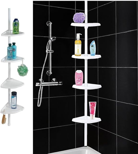 4 Tier Rust Proof Shower Caddy Shelf Kitchen Bathroom Storage Unit (Telescopic Shower Organiser Plastic Caddy)