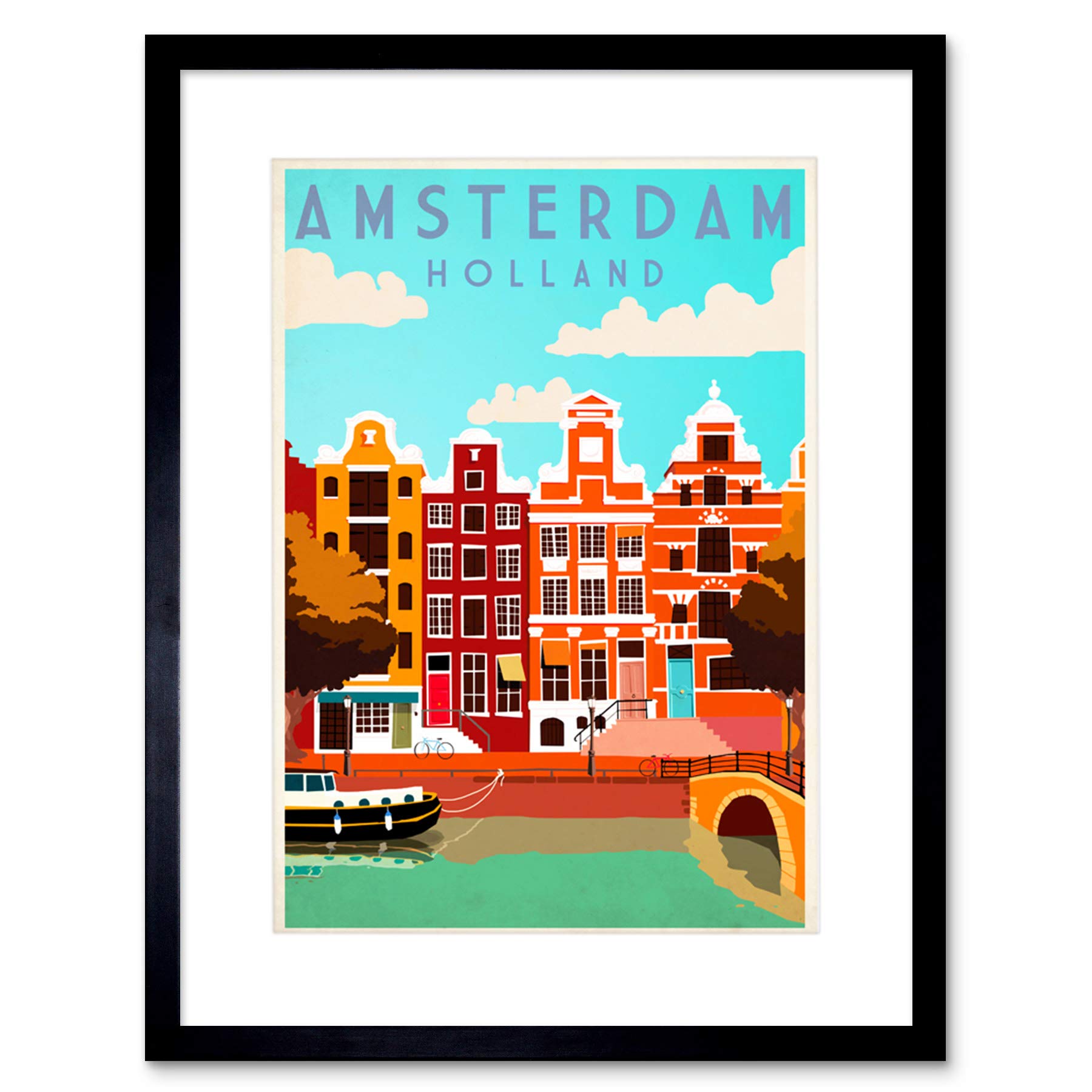 Wee Blue Coo Travel Amsterdam Holland Netherlands Canal Bridge Boat House Art Framed Wall Art Print