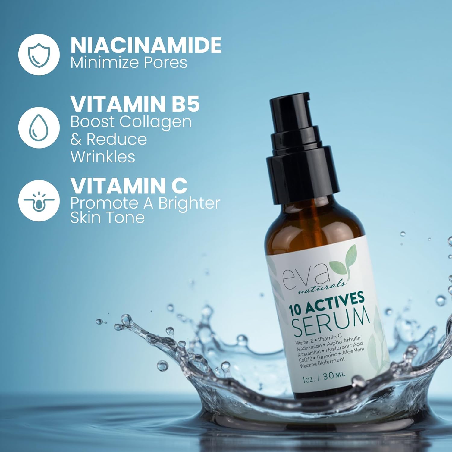 Eva Naturals 10 Actives Serum – Vitamin C, Niacinamide, Hyaluronic Acid, Turmeric, CoQ10 – Natural Anti Aging Face Serum for Dark Spots, Wrinkles, Acne, Skin Care & Facial Spot Remover - Image 7