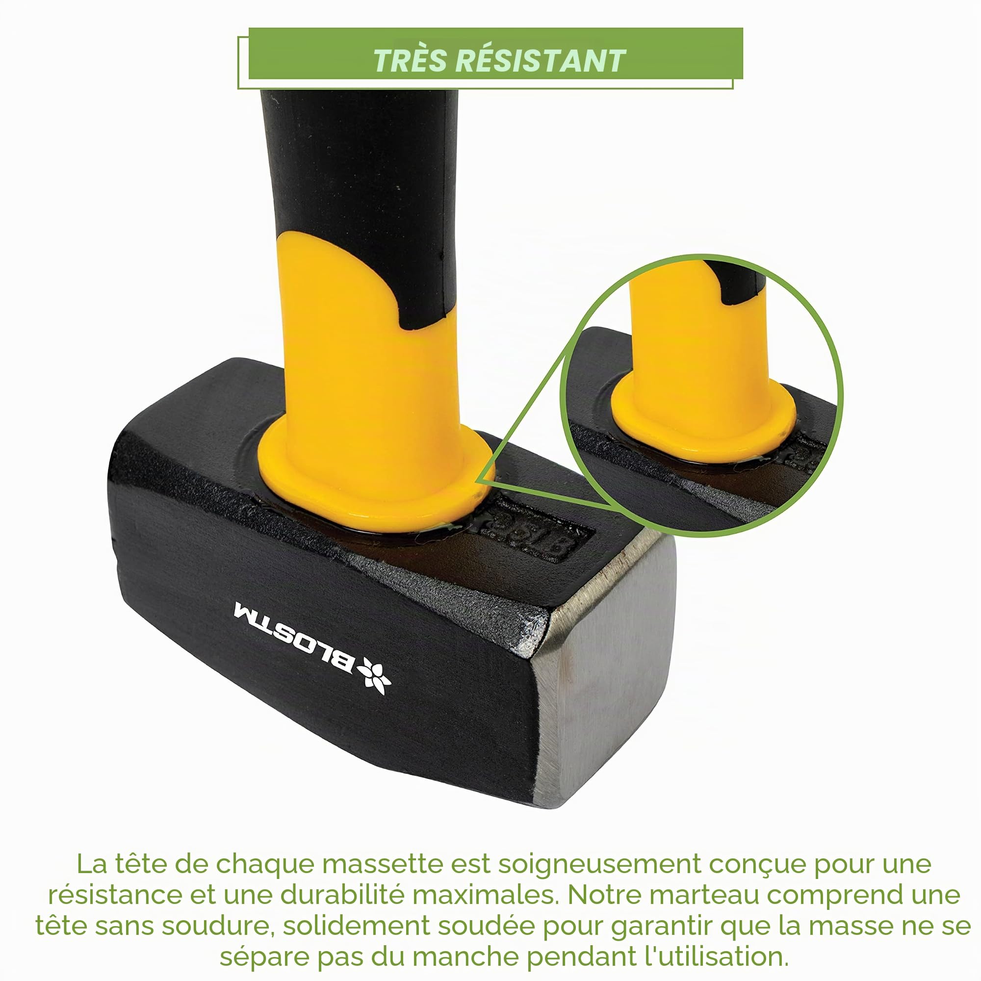 BLOSTM Massette 1.1kg avec Manche en Fibre de Verre - 2.5 lb à Toute Épreuve Maillet avec Poignée Ergonomique Antidérapante - 2.5lb / 1100g