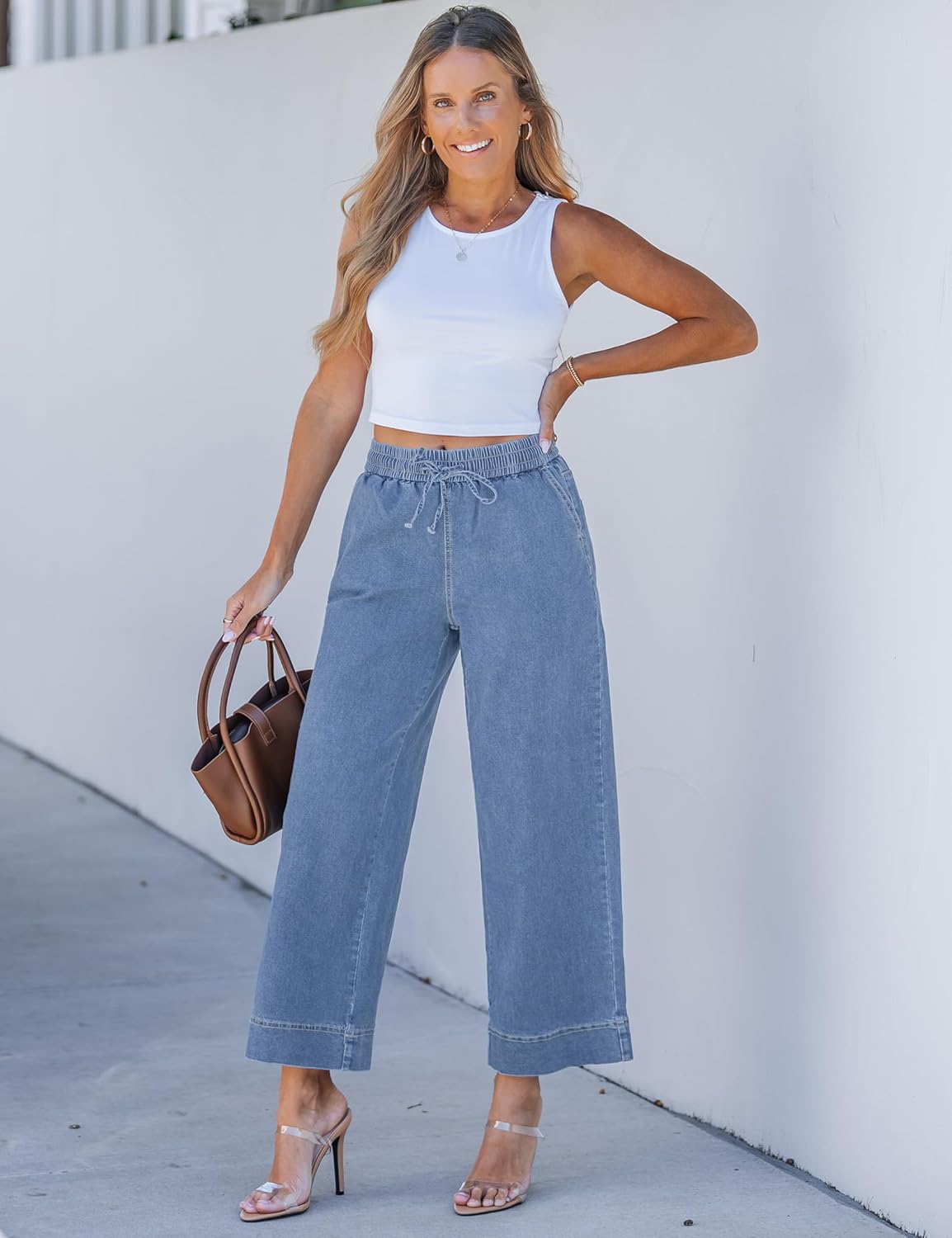 luvamia Wide Leg Jeans for Women High Waisted Cropped Pull On Jeans Elastic Wasit Drawstring Stretch Denim Trouser Pants - Image 8