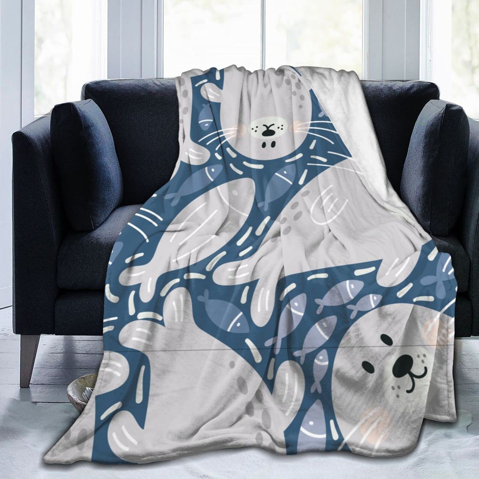 YINGD Throw Blanket Cute Seal Soft Flannel Blanket Anti Static Washable Blankets for Bed Sofa 125x100cm