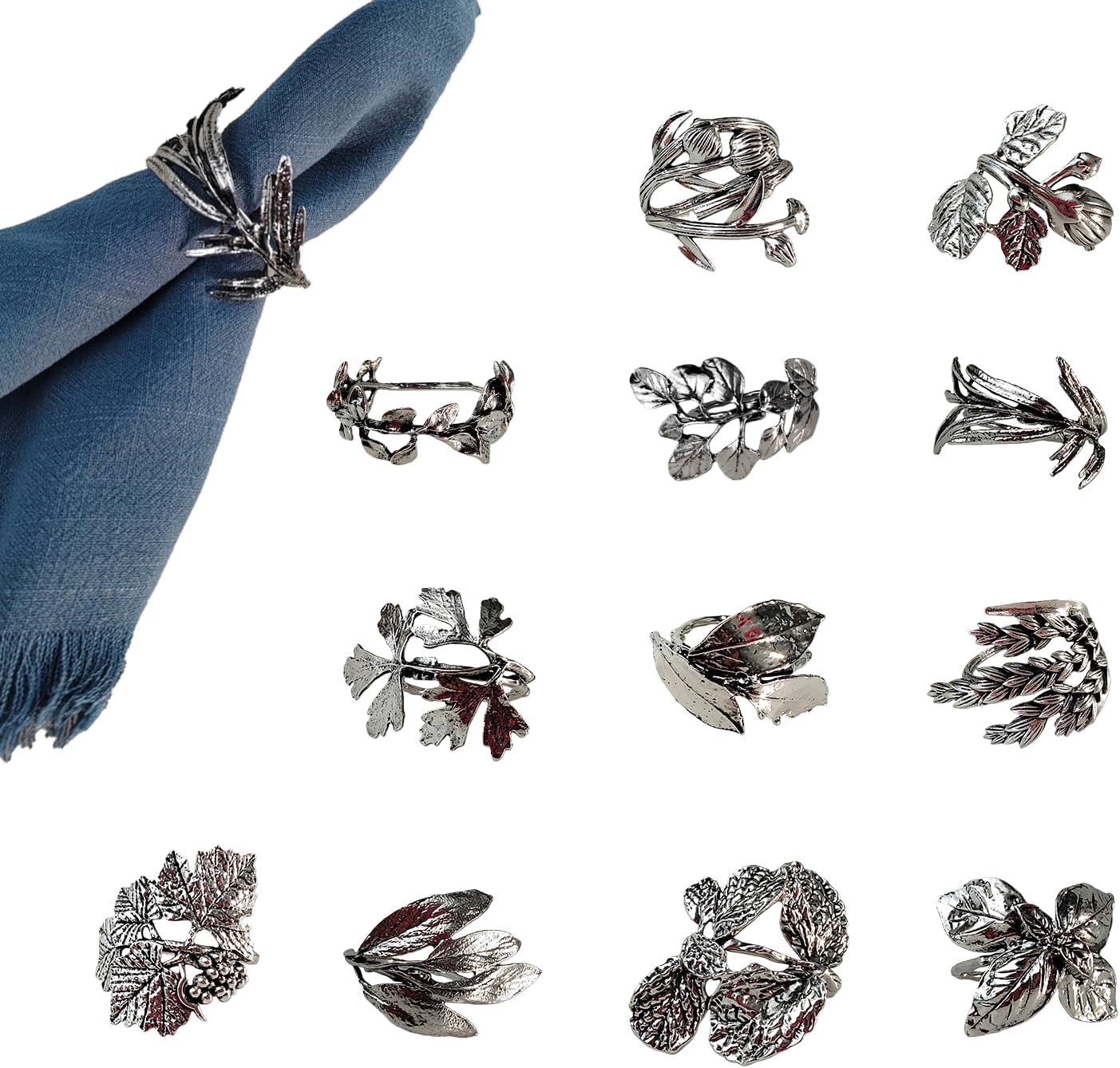 Bakayoyo Elegant Vintage Silver Herb Napkin Rings Set of 12 - Glossy Leaf Napkin Holders, Metal Table Adornment for Christmas, Thanksgiving, Weddings & Holiday Parties
