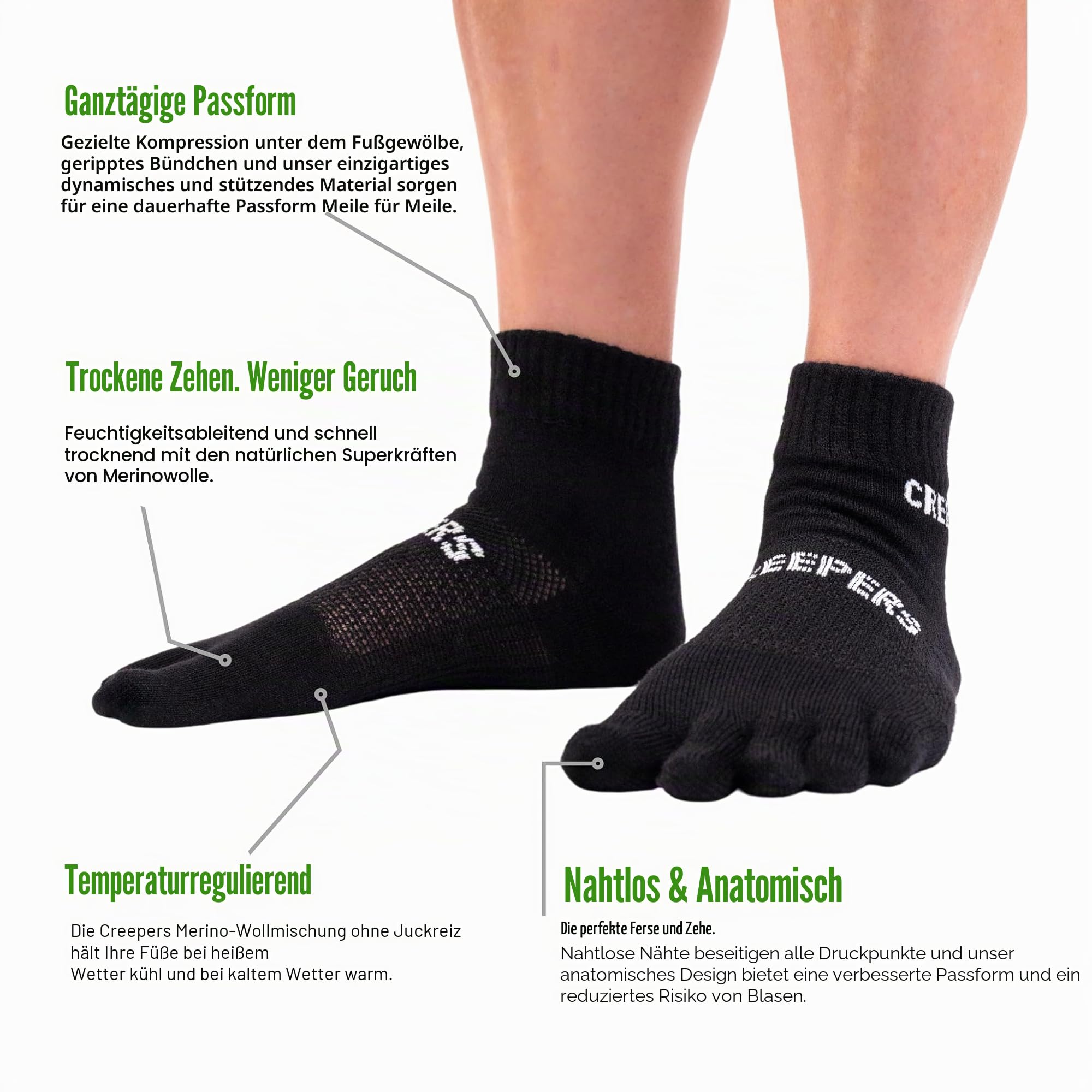 Creepers Athletic Toe Socks: Blister Busting Merino Zehensocken, Quarter Crew Runner, Unisex für Damen und Herren
