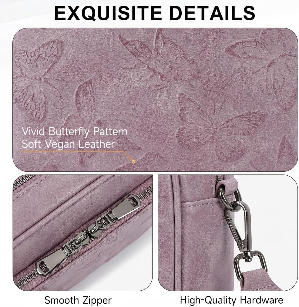 BELTANA Women's Vegan Leather Crossbody Purse with Built in Wallet, Butterfly Trendy Shoulder Handbag with Adjustable Strap | Smooth Zipper, RFID Blocking, Multiple Pockets, Anti Theft, Gift, Travel