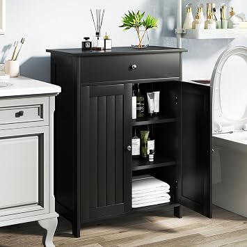 GOFLAME Bathroom Floor Cabinet, Freestanding Storage Organizer w/2 Doors, 1 Drawer & 1 Adjustable Shelf, Modern Storage Cabinet for Living Room, Entryway, Kitchen (Black)