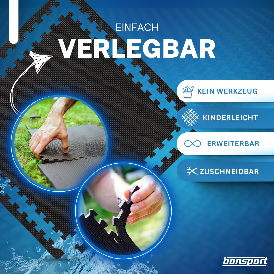 bonsport Pool Unterlegmatte Poolmatte 12 Stück - Bodenschutz Matte für den Pool/Planschbecken - Bodenfolie Bodenmatte Poolunterlage Bodenschutz schwarz