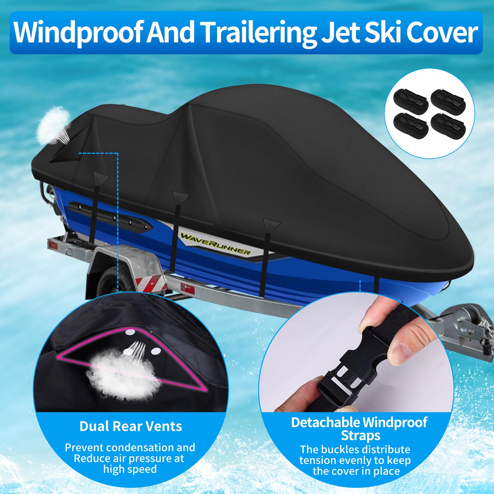 Funda Moto Acuática 3 Plazas 900D Resistente Impermeable, 2 Orificios Ventilación, Hebillas Antiviento, Universal Todo Clima, 345-370CM Negro