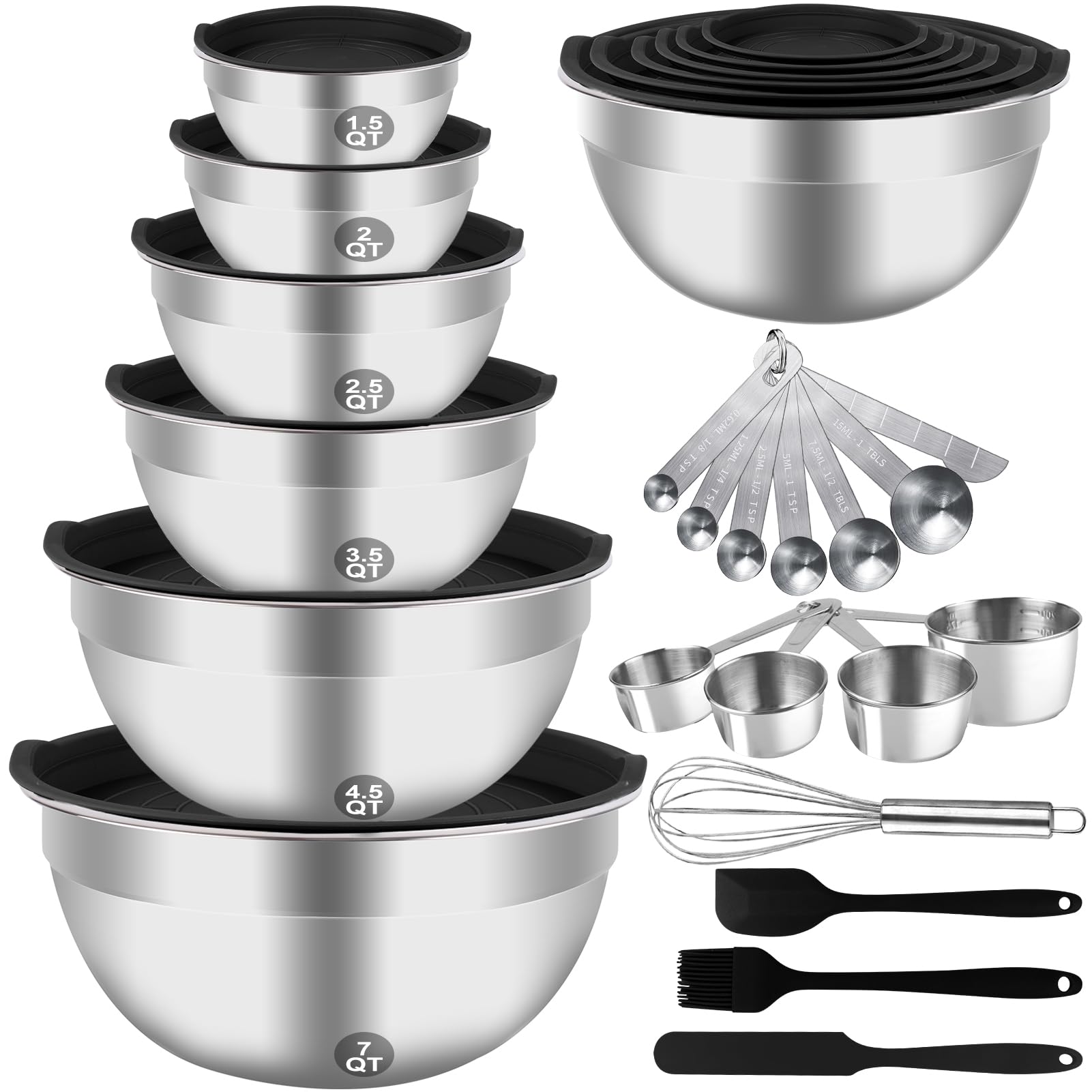 Mixing Bowls Set, 27PCS Stainless Steel Mixing Bowl with Lid Set, Large Nesting Bowls 7, 4.5, 3, 2.5, 2, 1.5QT, Measuring Cups and Spoons Baking Utensils Metal Bowl for Kitchen Prep