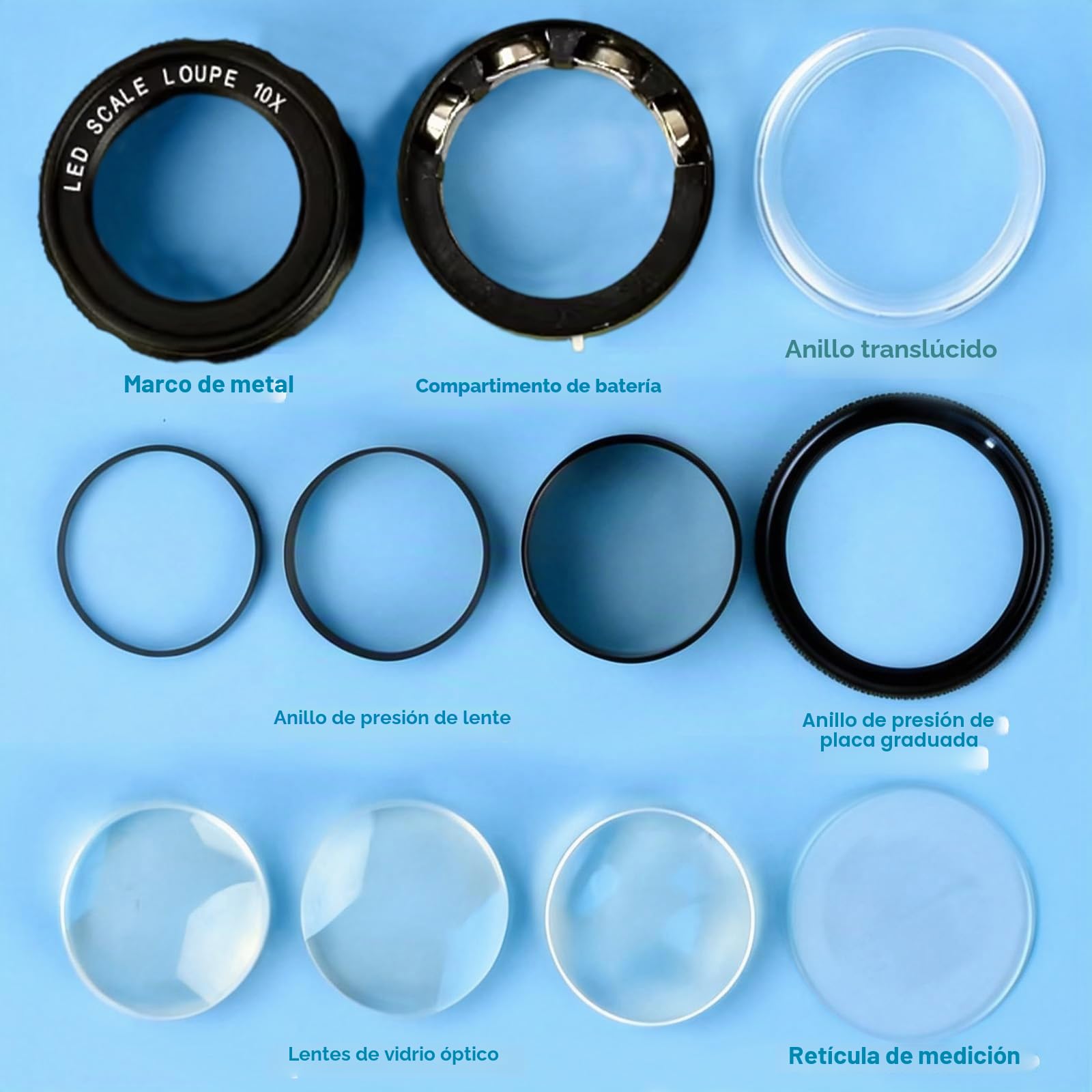 Lupa de joyero, Lupa Profesional de 10X con 8 Luces LED Ajustables y Escala integrada, Lente de Vidrio óptico, Base acrílica, alimentada por Pilas AG9 para inspección de joyería, Relojes y Textiles