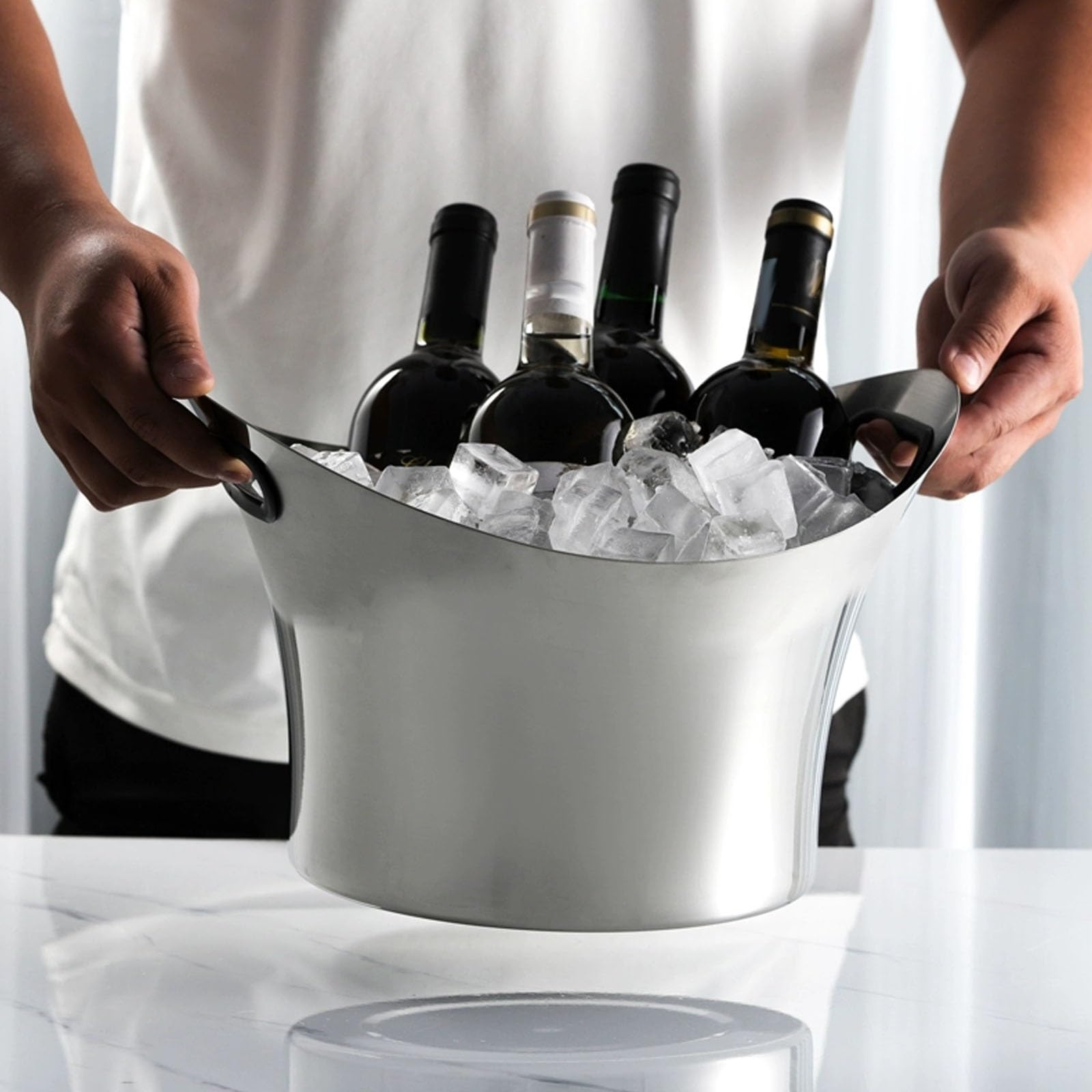 Cubiteras para Fiestas, Champanera Grande de 8L, con Asas, Cubitera de Acero Inoxidable para Fiestas, Cócteles, Vino, Champán, etc(Black)