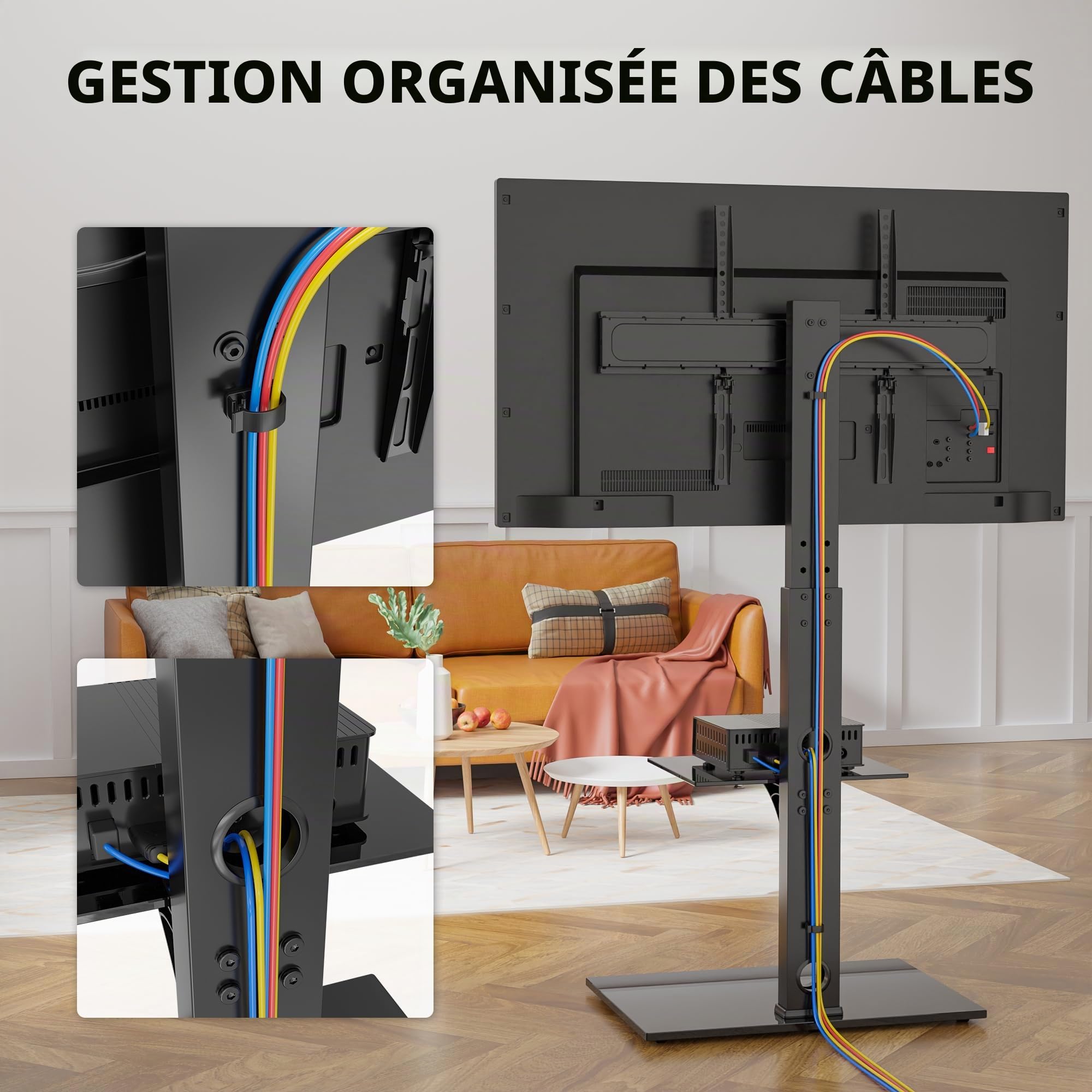 BONTEC Montage au Sol Support TV sur Pied pour 30-70 Pouces Téléviseurs Incurvés Plats LED OLED LCD jusqu'à 40 kg, Pivotant Hauteur Réglable avec 2 Etagères, Max VESA 600x400 mm