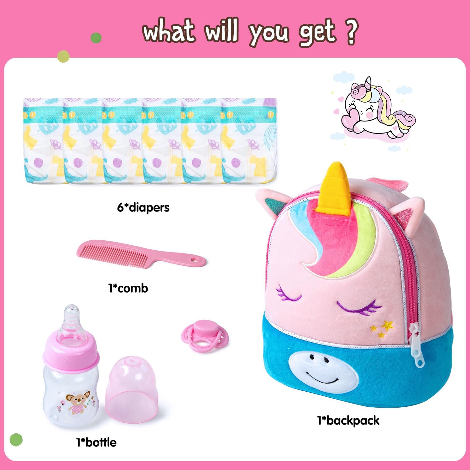 10 Pcs Reborn Baby Doll Diaper Bag Care and Feeding Set for 17-24 inches Reborn Dolls Accessories Newborn Baby Girl with Unicorn Backpack