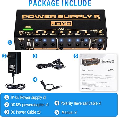Miniatura 10 de JOYO Fuente de alimentación aislada para pedal de efecto de guitarra de 9 V, 12 V, 18 V (100 mA, 250 mA) 8 conectores de salida aislados con