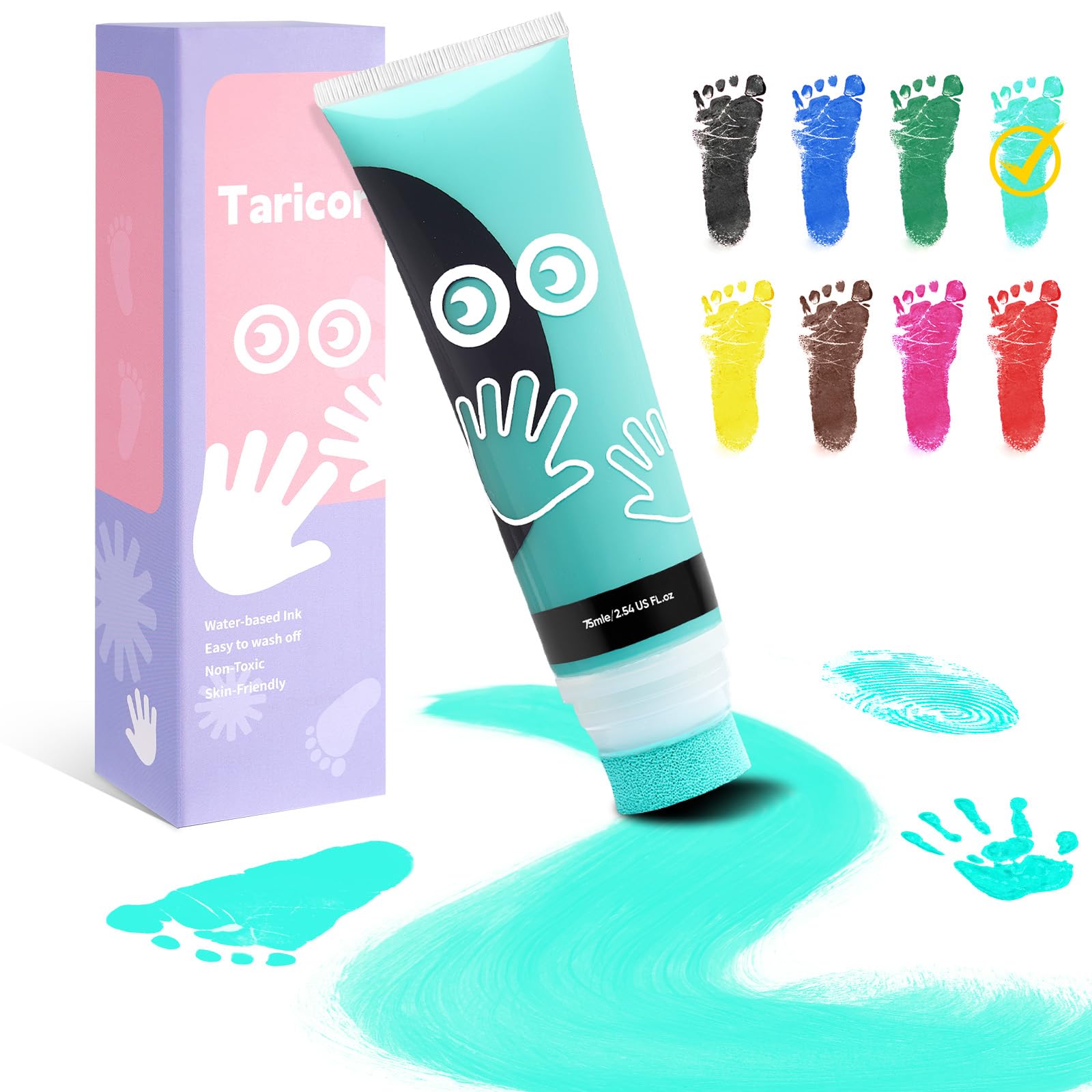 Taricor 75ml Kit Impronte Neonato, kit impronta cane Con Attacco Spugna, Inchiostro Impronta Neonato per Regalo Battesimo Bimbo, Artigianato Familiare, Regalo di Natale (Verde Menta da 75ml)