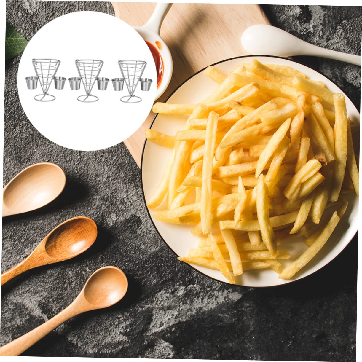 ABOOFAN 3pcs Appetizer Serving Rack Food Display Stand Large Wire Cone French Fry Fries Dip Holder
