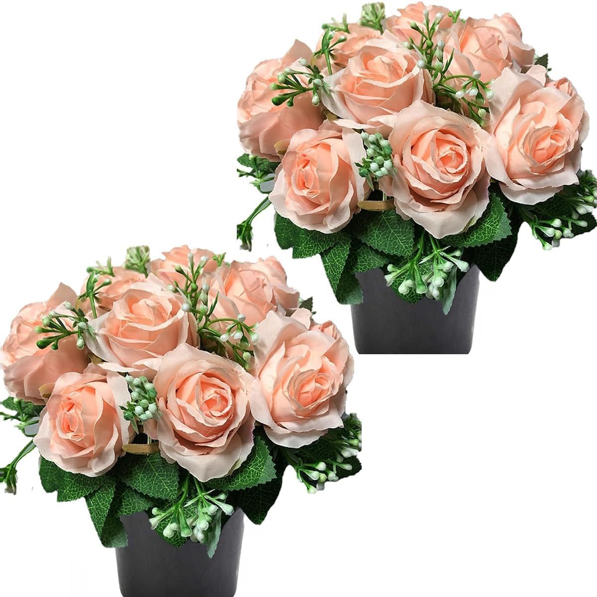 Etomvoop Pink 2Pcs Grave Flower In Pot 12 Heads Artificial Rose Fake Funeral Floral For Memorial Cemetery Christmas Home Decorative