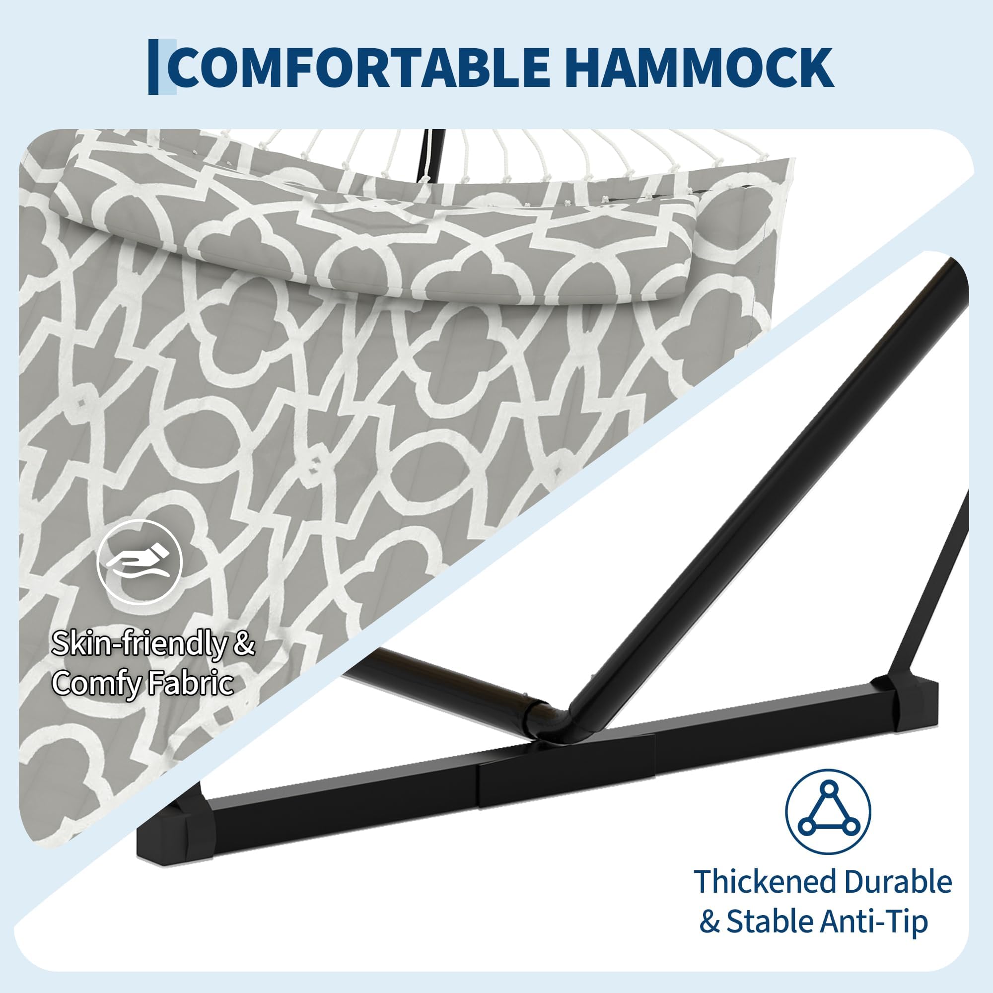 Hamac sur Pied avec Support T et Barres Incurvées en Fer - Hamac Matelassé Plat Gris Clair 365cm, Support Acier Solide 200kg, 2 Places, Jardin Balcon Terrasse Extérieur