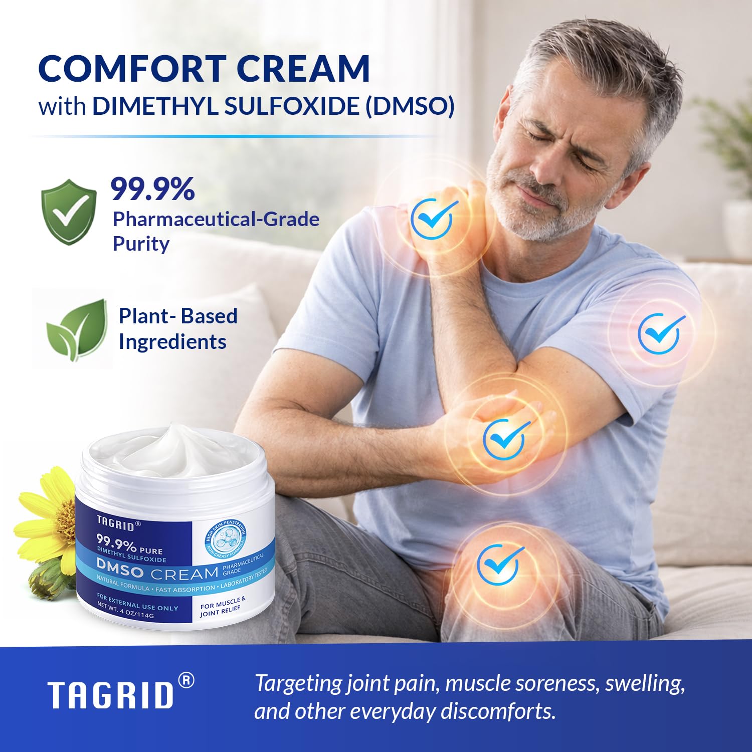 TAGRID DMSO Cream Pharmaceutical Grade: 99.9% Pure DMSO with Magnesium, Arnica & Aloe Vera for Muscle and Joint Pain Relief - Fast Acting Topical Cream for Body Wellness (4 Oz (Pack of 1)) — view 2