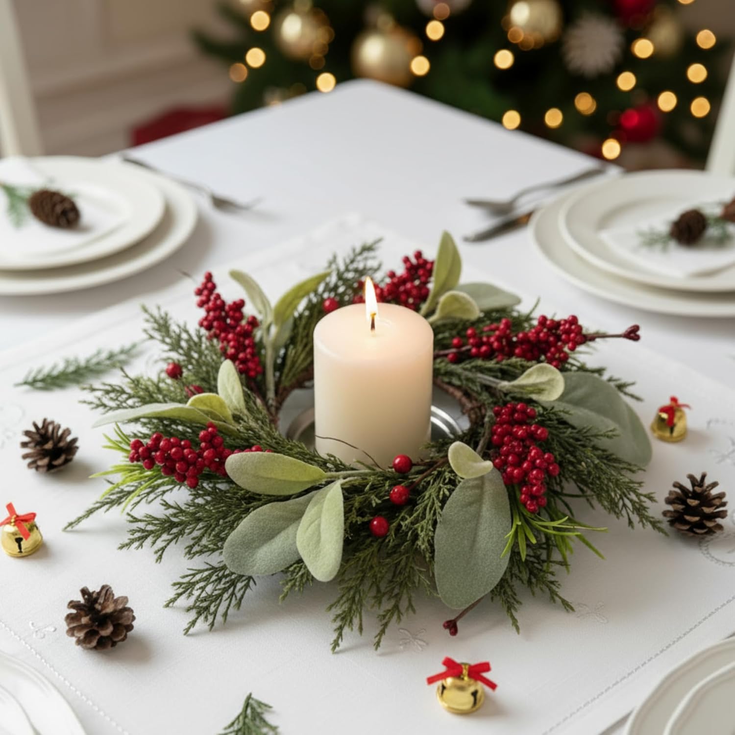 Suncalla 8 Pcs Christmas Candle Rings Wreath Decorations Artificial Red Color Berry Garland Wreaths Pine Garland Norfolk Pine Holder Pillars for Kitchen Cabinet Xmas Home Table Decor (Classic)