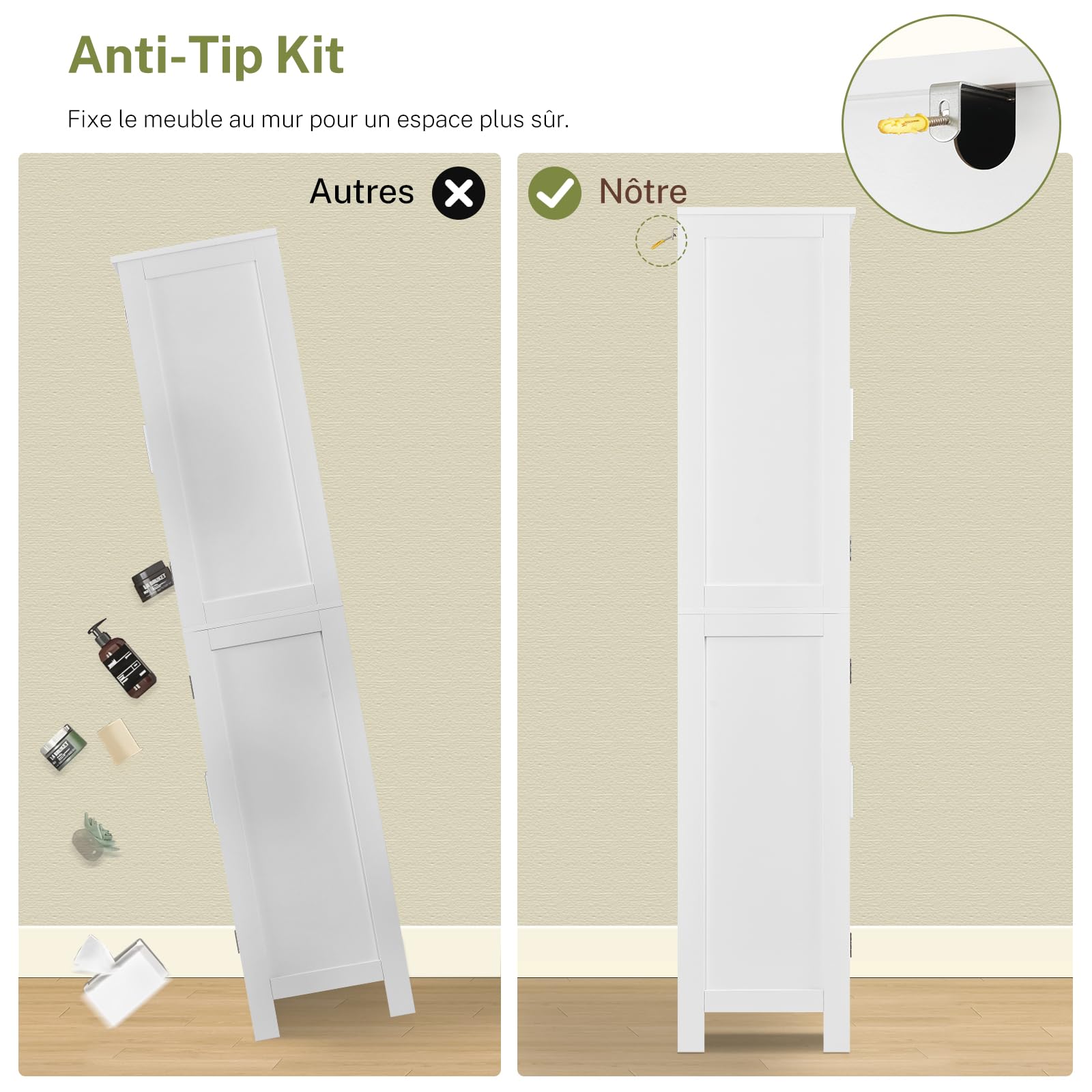 TEENFON Meuble de Salle de Bain, Armoire de Rangement 4 Portes avec Étagères Réglables, Meuble de Rangement Colonne pour Salon, Salle à Manger et Salle de Bain, 60x30x170 cm, Blanc