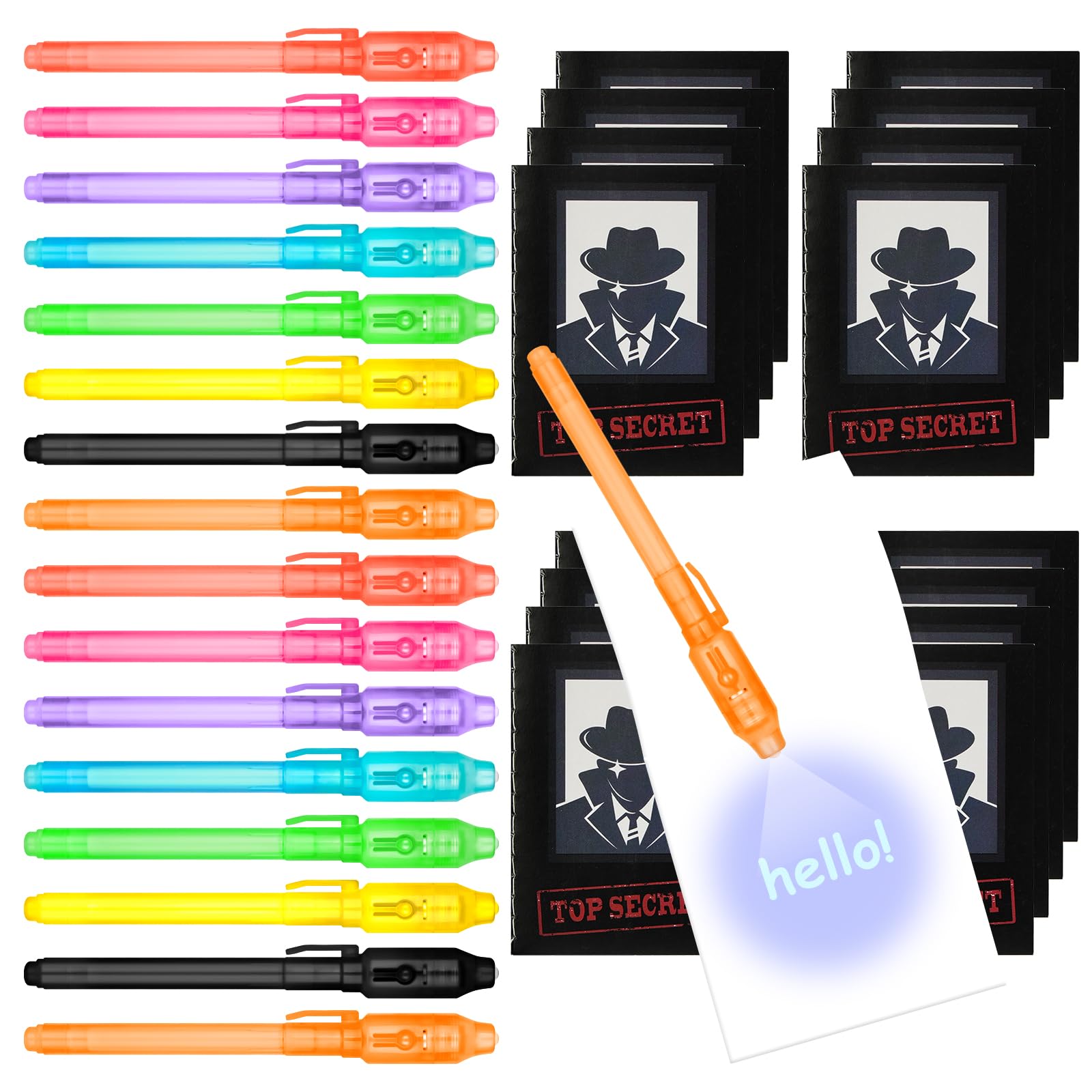 OFFCUP Invisible Ink Spy Pen Set - 16pcs Magic Marker with UV Light and Pouch for Detective Theme Writing Secret Messages - Kids Party Bag Fillers with Book
