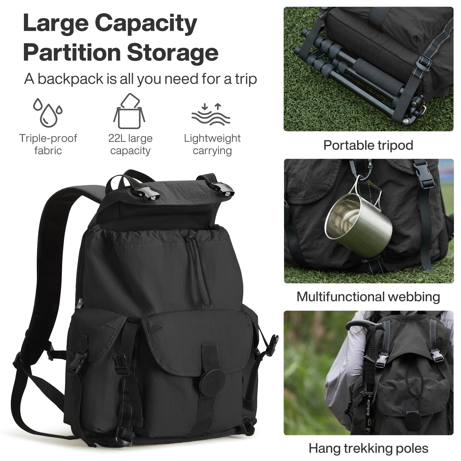 mixi Reiserucksack für Männer & Frauen, 18 Zoll Handgepäck-Tauglich für 16 Zoll Laptop, Leicht & Wasserdicht Wanderrucksack für Outdoor, Business & Casual, Schwarz