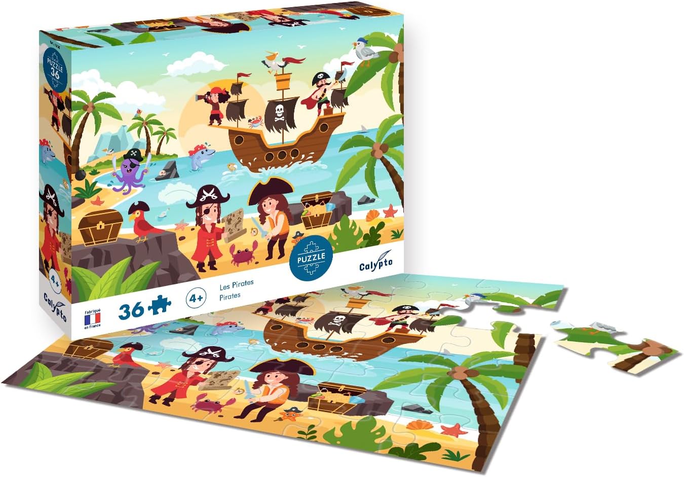 Calypto 3907604 Pirates, 36-Piece Puzzle with Soft Touch, Children's Puzzle with Large Pieces and Velvety Surface Including Puzzle Poster, for Children from 4 Years, Pirate Ship, Reproduction
