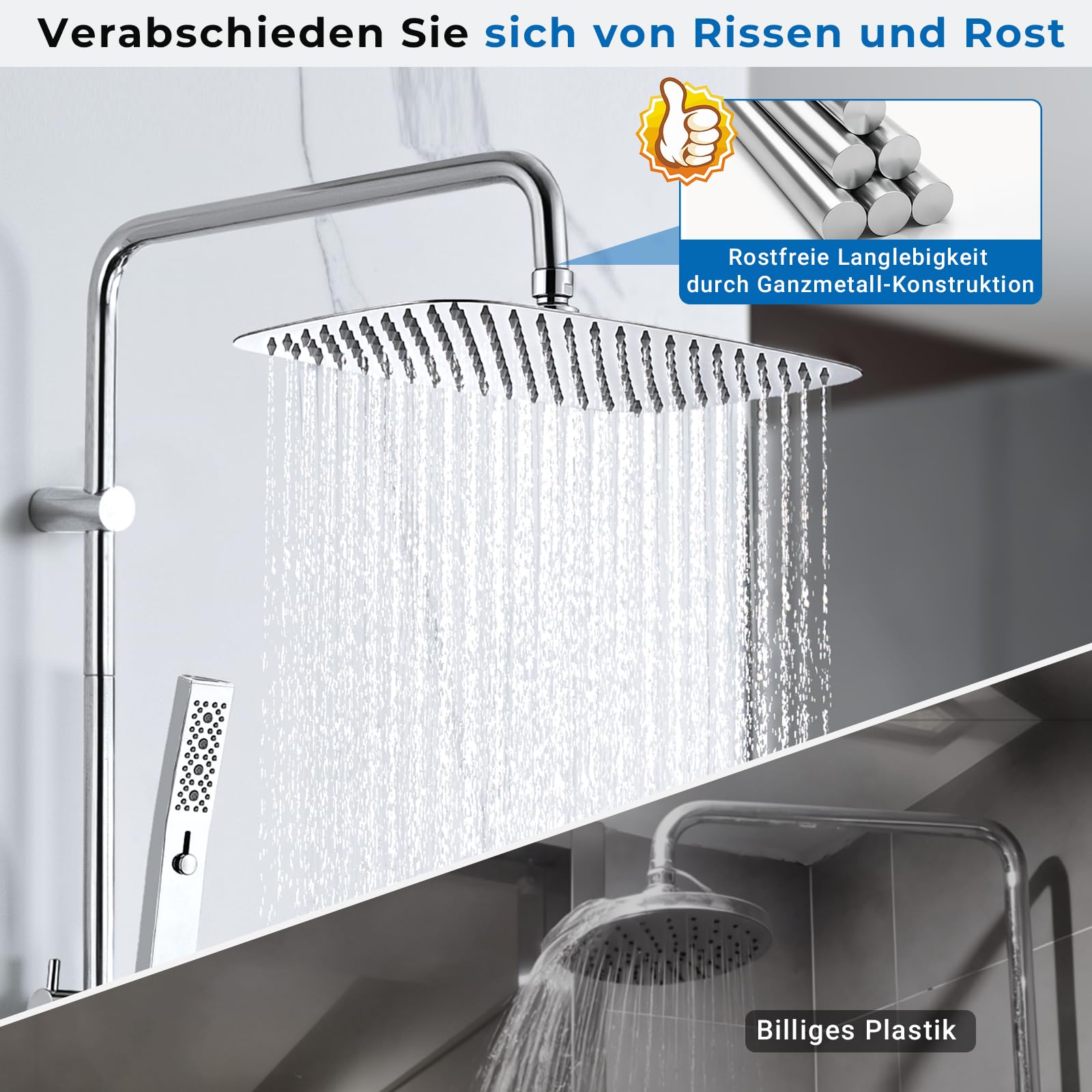 Ganzmetall-Duschsystem mit 35 cm Regendusche | 2-Strahl-Handbrause mit Power-Strahl, an vorhandene Bohrlöcher anpassbar, korrosionsbeständig, ohne Armatur, Chrom