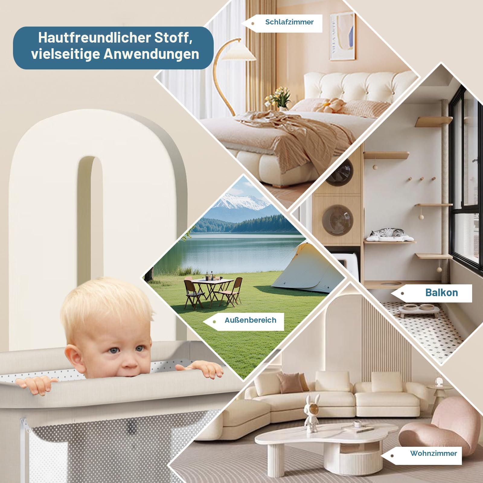 4-in-1 Beistellbett Baby,Convertible Babybett für Co-Sleeping,Baby Reisebett mit Matratze,6 Höhenverstellbar Stubenwagen Baby mit Rollen,Faltbar Kinderbett von 1 bis 36 Monaten (Beige)