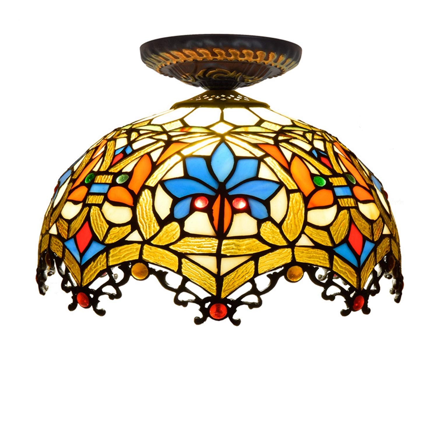 Manhong One Color 12 Inches Tiffany Ceiling Light Small Stained Glass Chandelier, Love Beads Vintage Decor Uplighter Lamp For Living Dining Room Bedroom Corridor