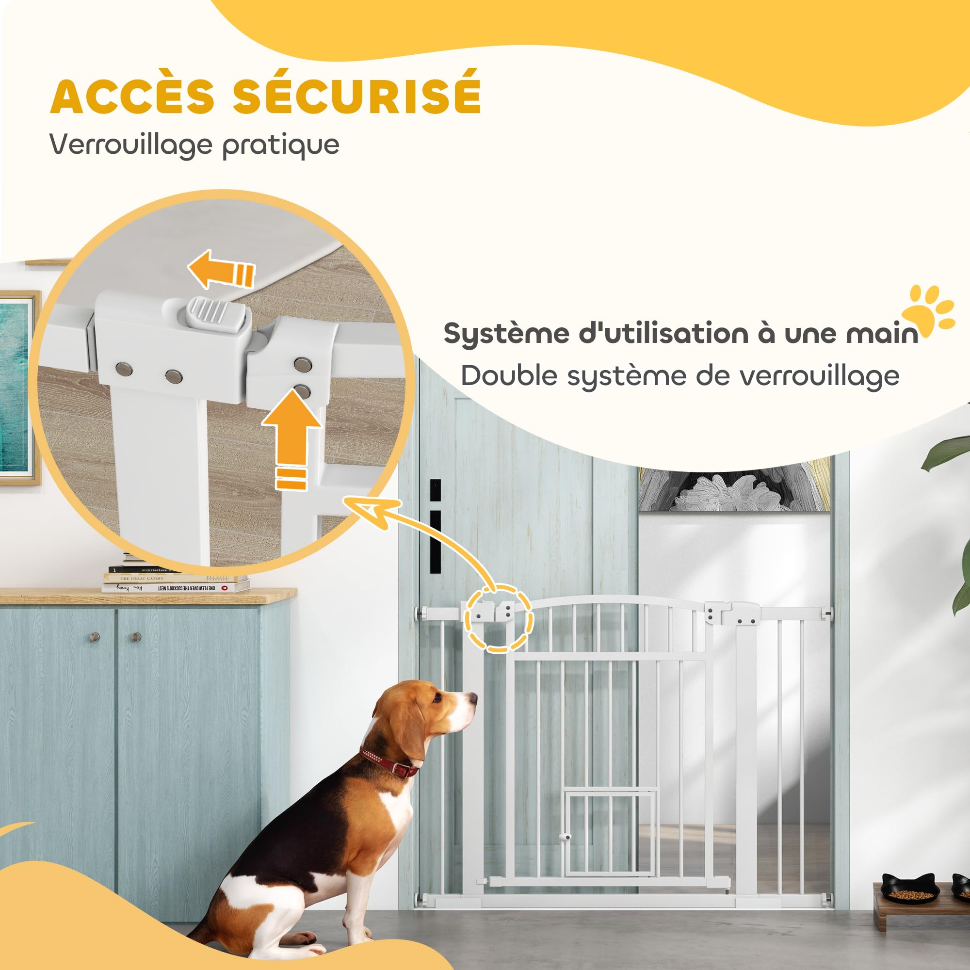 PawHut - Barrera de seguridad para perro extensible 76-104 x 77 cm, barrera de escalera y puertas con sistema de doble bloqueo, montaje por presión o perforación, barrera de perro y gato, color blanco