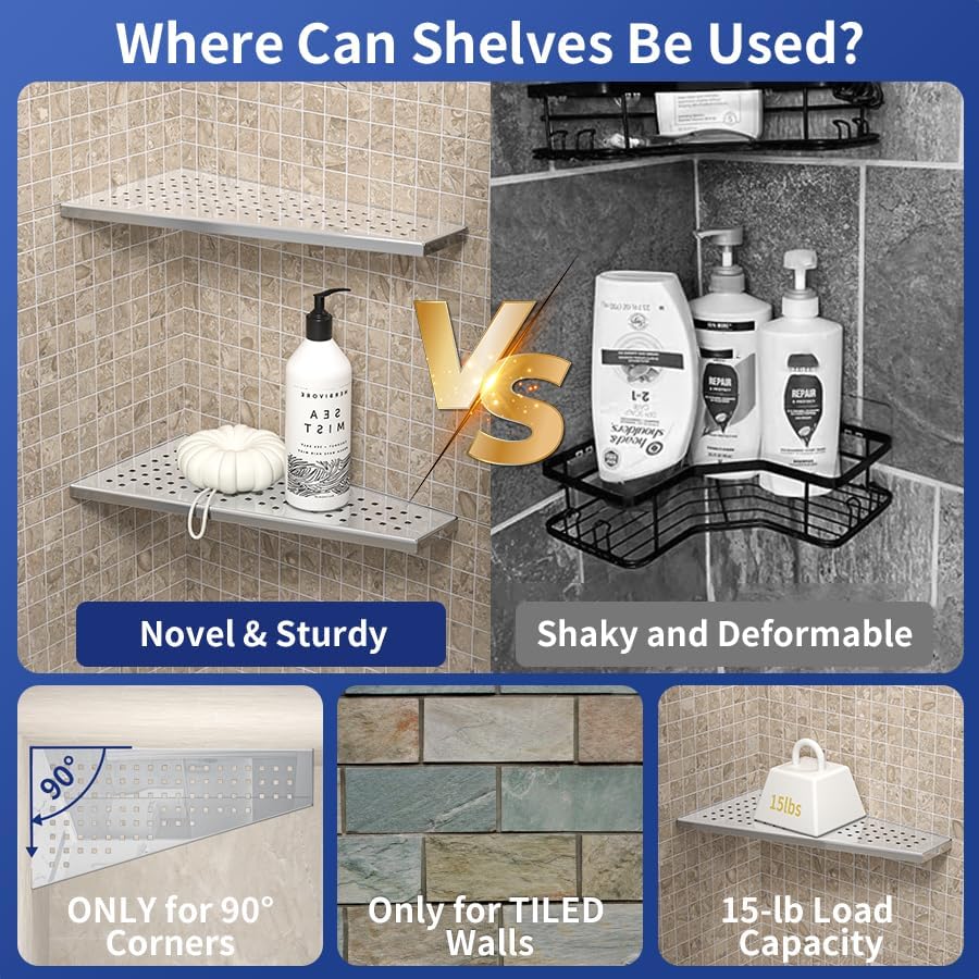 Miniatura 5 de Estante de ducha esquinero de 12 pulgadas, acero inoxidable pulido 304, repisa trapezoidal empotrada en estantes con diseño de rejilla, estantes de