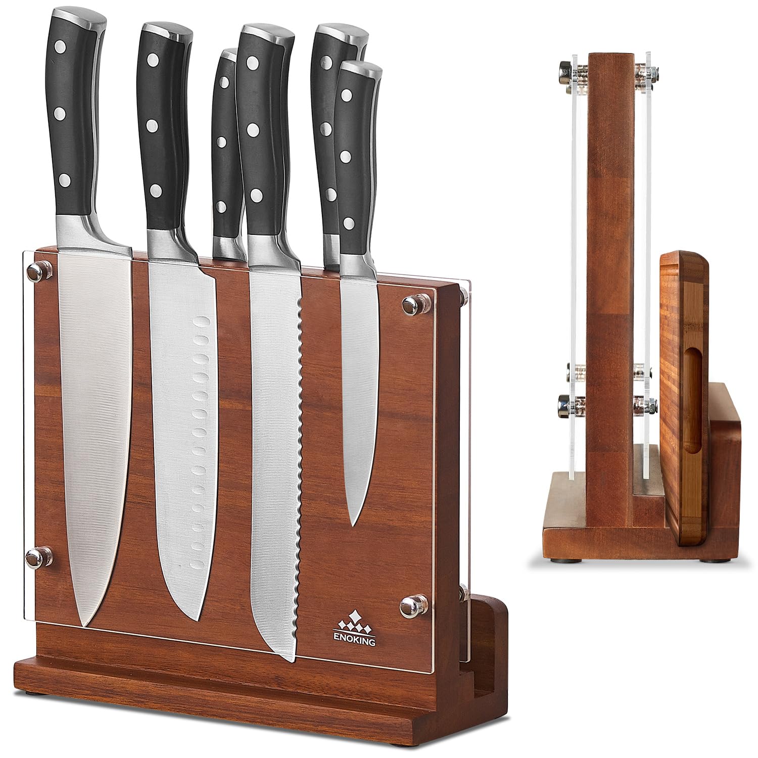 ENOKING Magnetic Knife Block Without Knives, Double Sided Magnetic Knife Holder Stand with Acrylic Protective Shield for Safety, Acacia Wood Knife Storage Organiser,Easy to Clean (26 x 23.5cm)